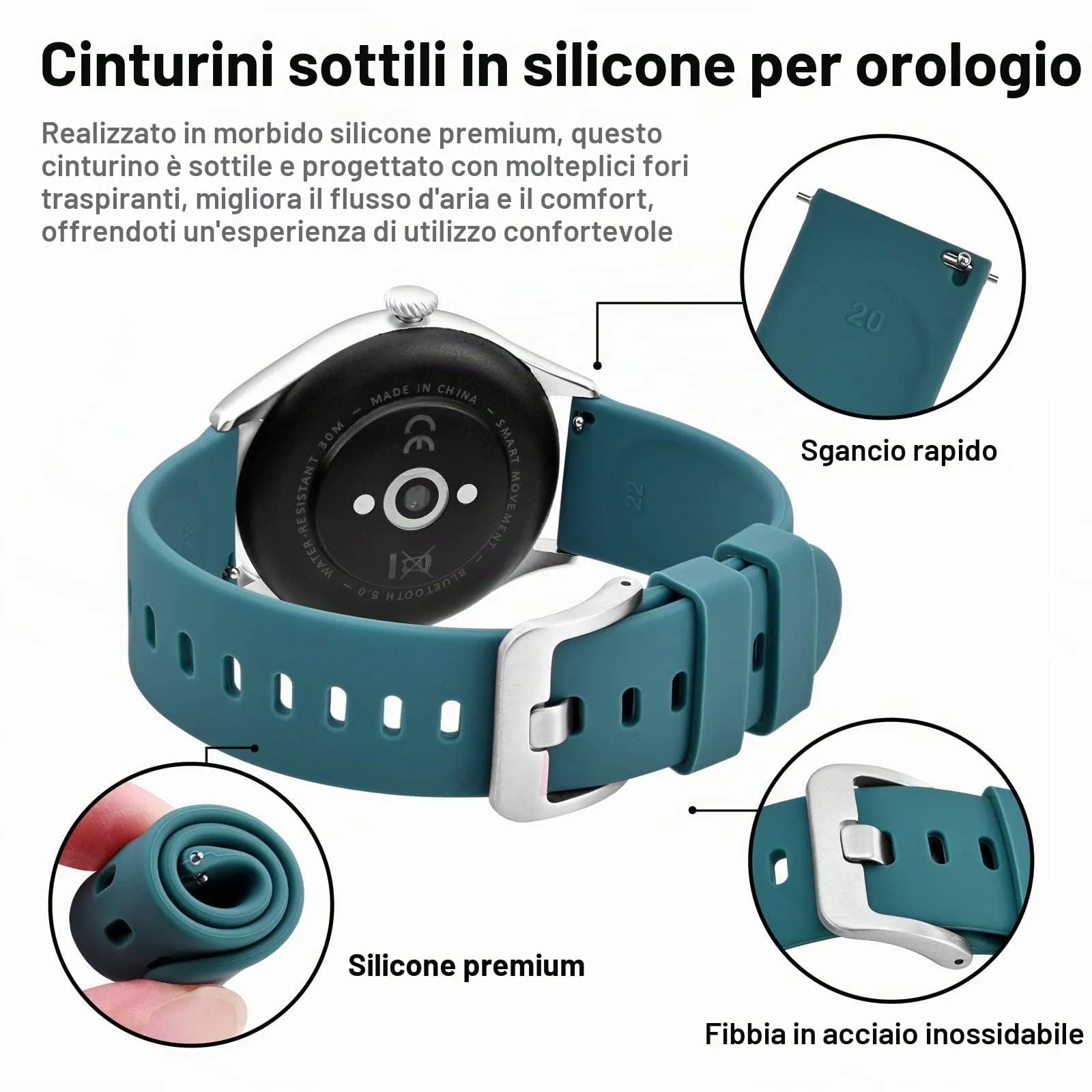 BISONSTRAP Cinturino per Orologi in Silicone, Sgancio Rapido, 20mm, Ciano con Fibbia Argento - immagine 4