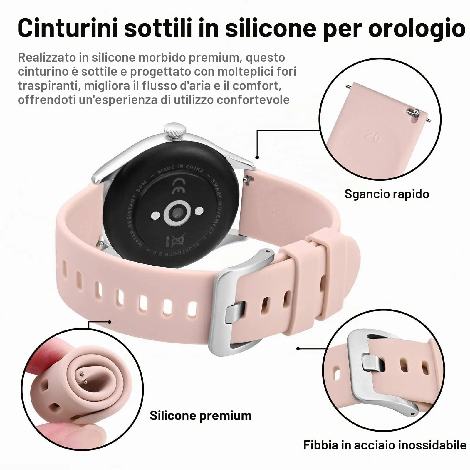 BISONSTRAP Cinturino per Orologi in Silicone, Sgancio Rapido, 22mm, Rosa con Fibbia Argento - immagine 4
