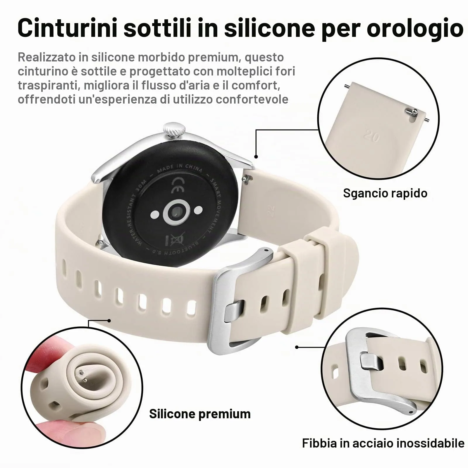 BISONSTRAP Cinturino per Orologi in Silicone con Sgancio Rapido, 18mm, Avorio con Fibbia Argento - immagine 4