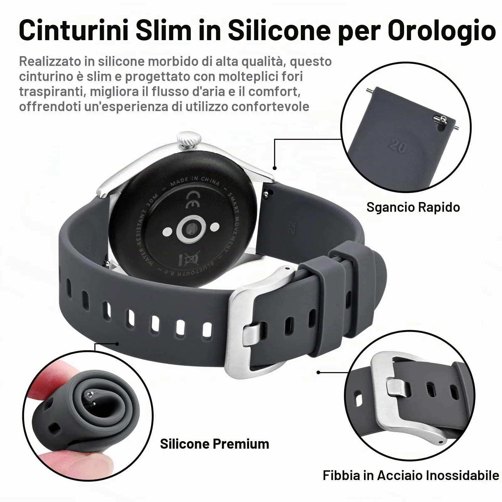 BISONSTRAP Cinturino in Silicone per Orologi, 18mm, Grigio con Fibbia Argento - immagine 4