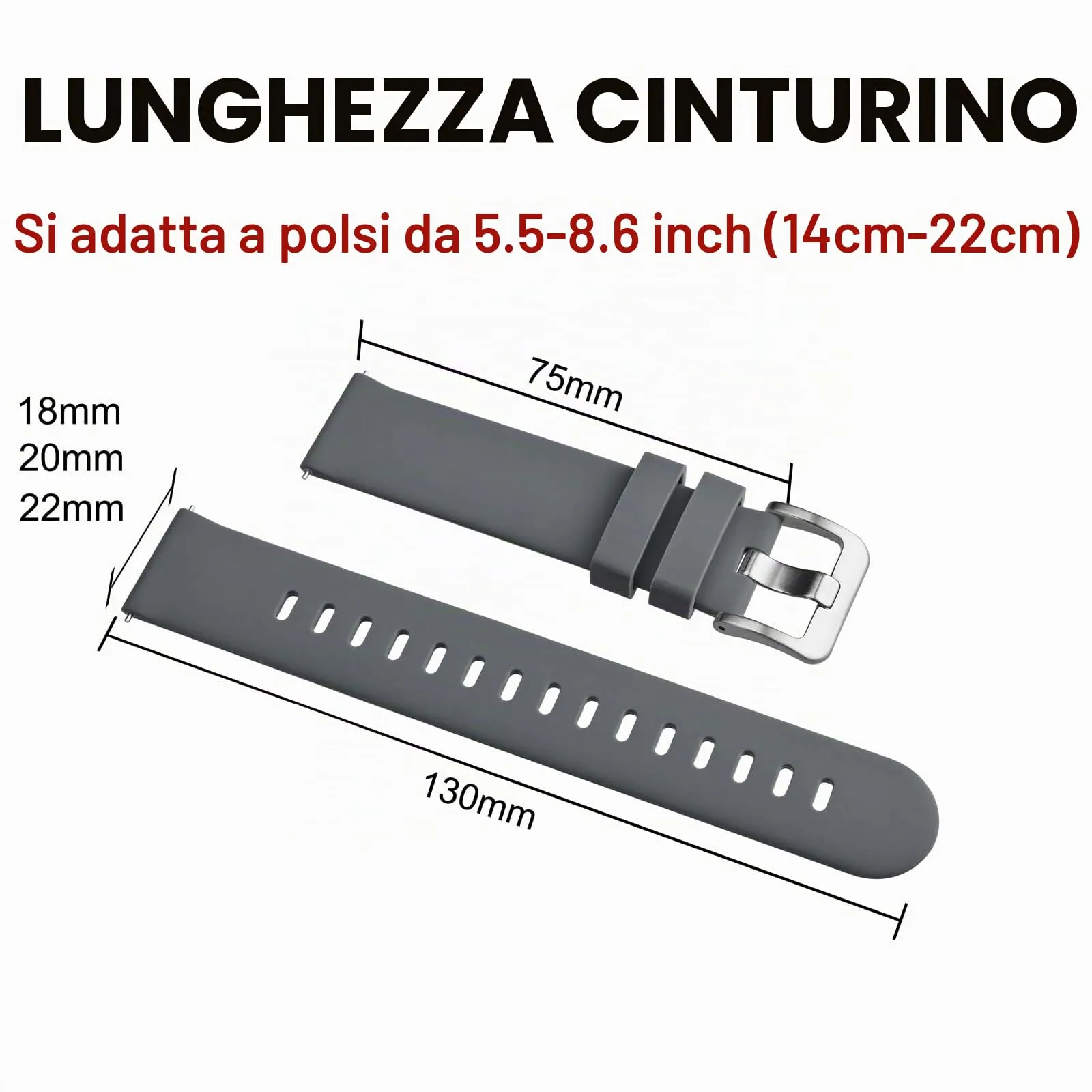 BISONSTRAP Cinturino in Silicone per Orologi, 18mm, Grigio con Fibbia Argento - immagine 6