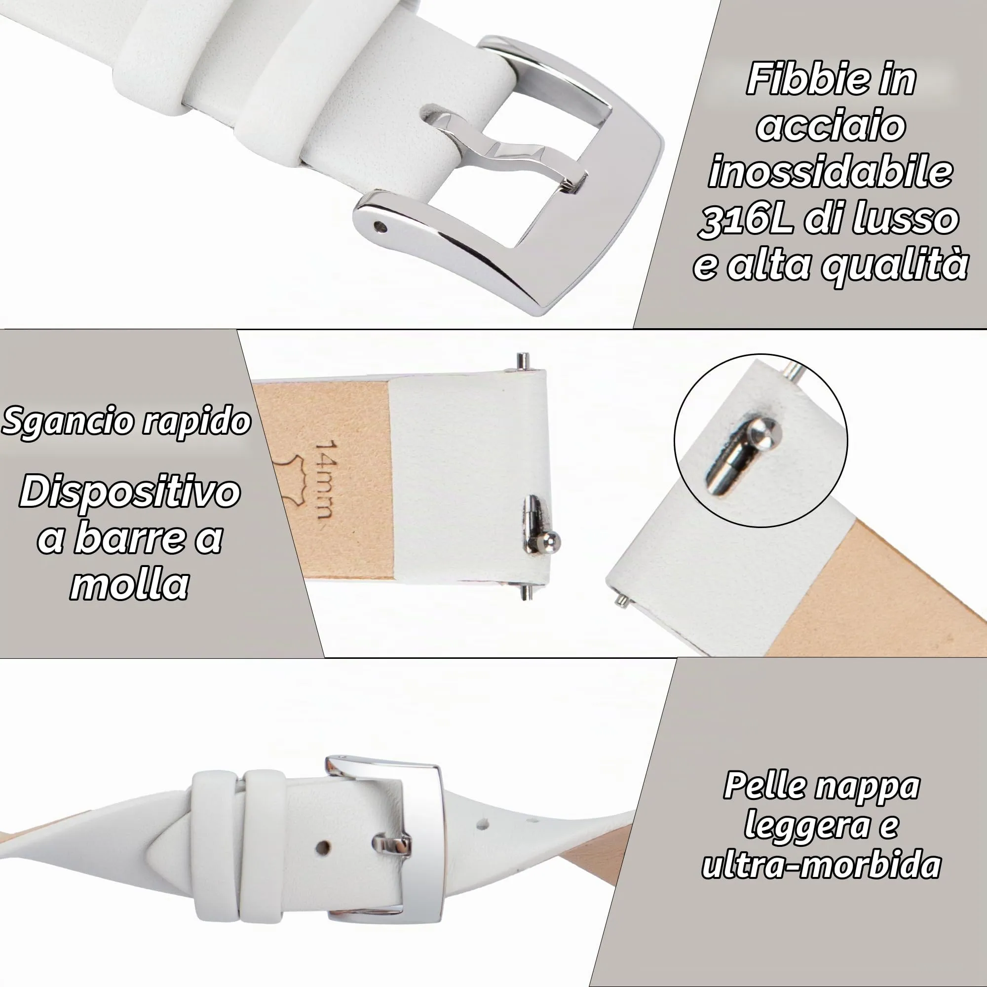 OTTOODY Cinturino Orologio in Pelle di Vitello a Sgancio Rapido, 20mm, Bianco con Fibbia in Argento - immagine 4