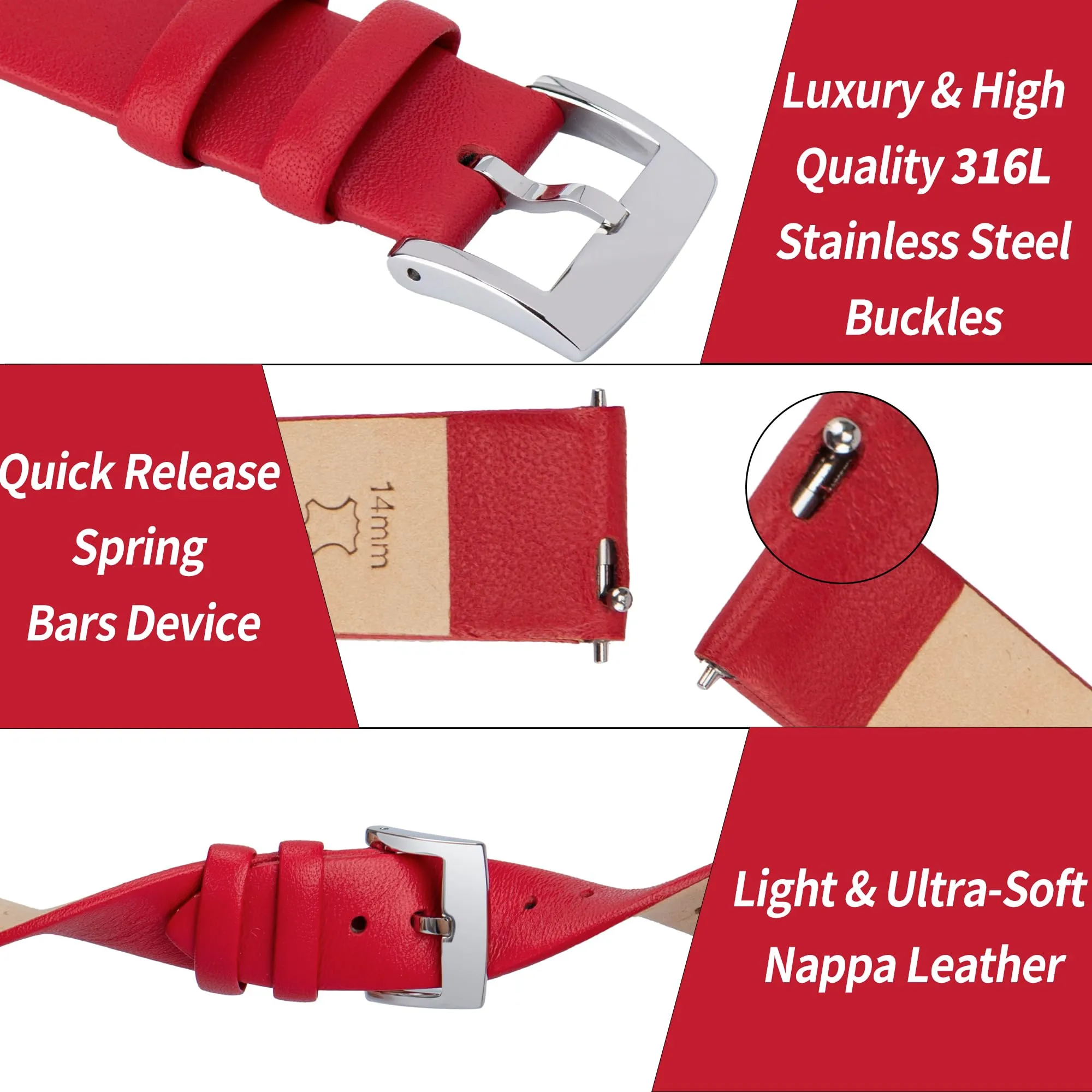 OTTOODY Cinturino Orologio in Pelle di Vitello a Sgancio Rapido, 22mm, Rosso - immagine 4