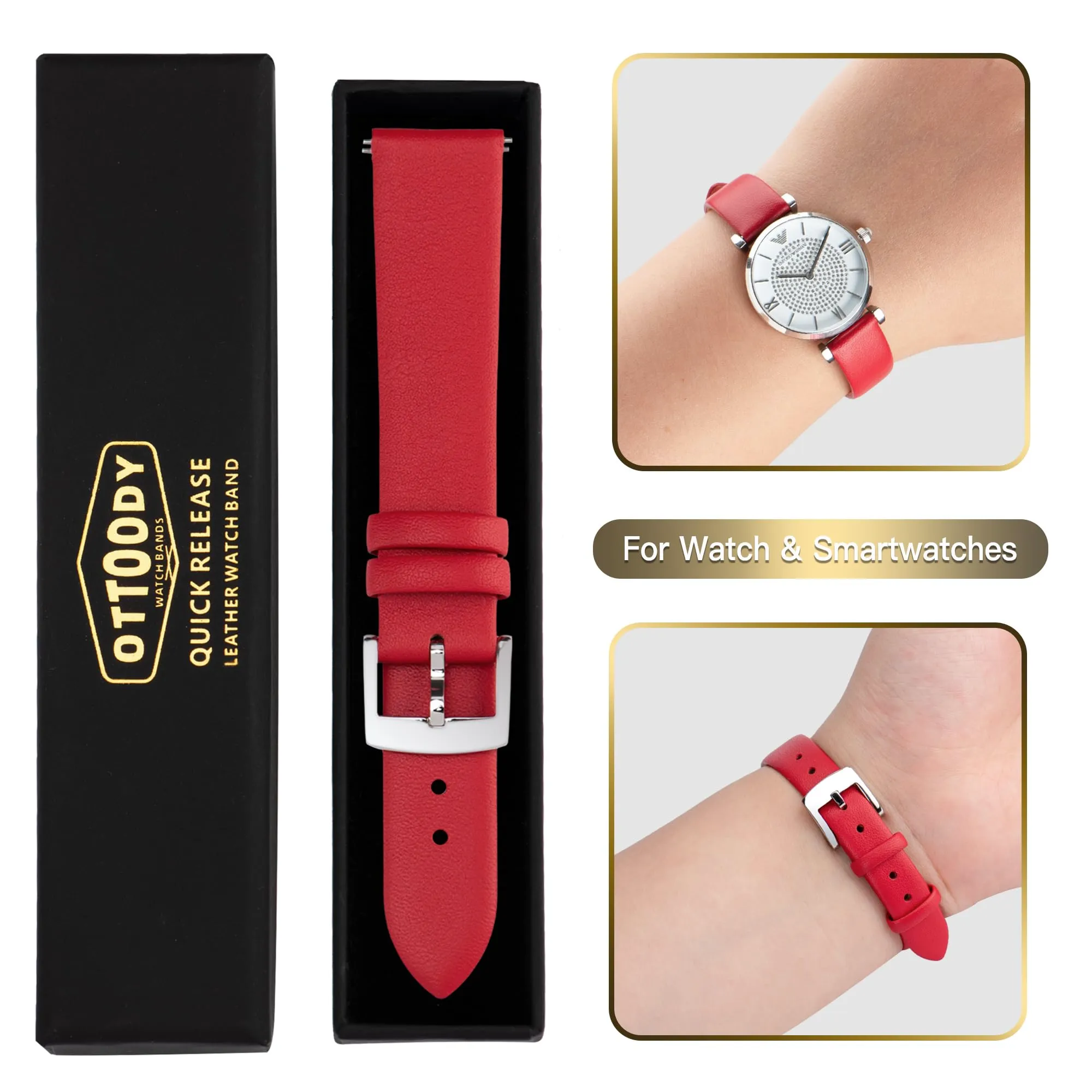 OTTOODY Cinturino Orologio in Pelle di Vitello a Sgancio Rapido, 22mm, Rosso - immagine 7
