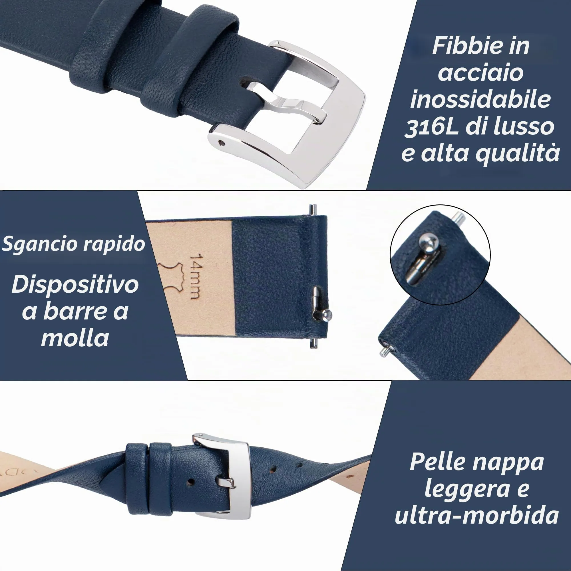 OTTOODY Cinturini Orologio in Pelle di Vitello a Sgancio Rapido, 12mm 14mm 16mm 18mm 20mm 22mm - immagine 4