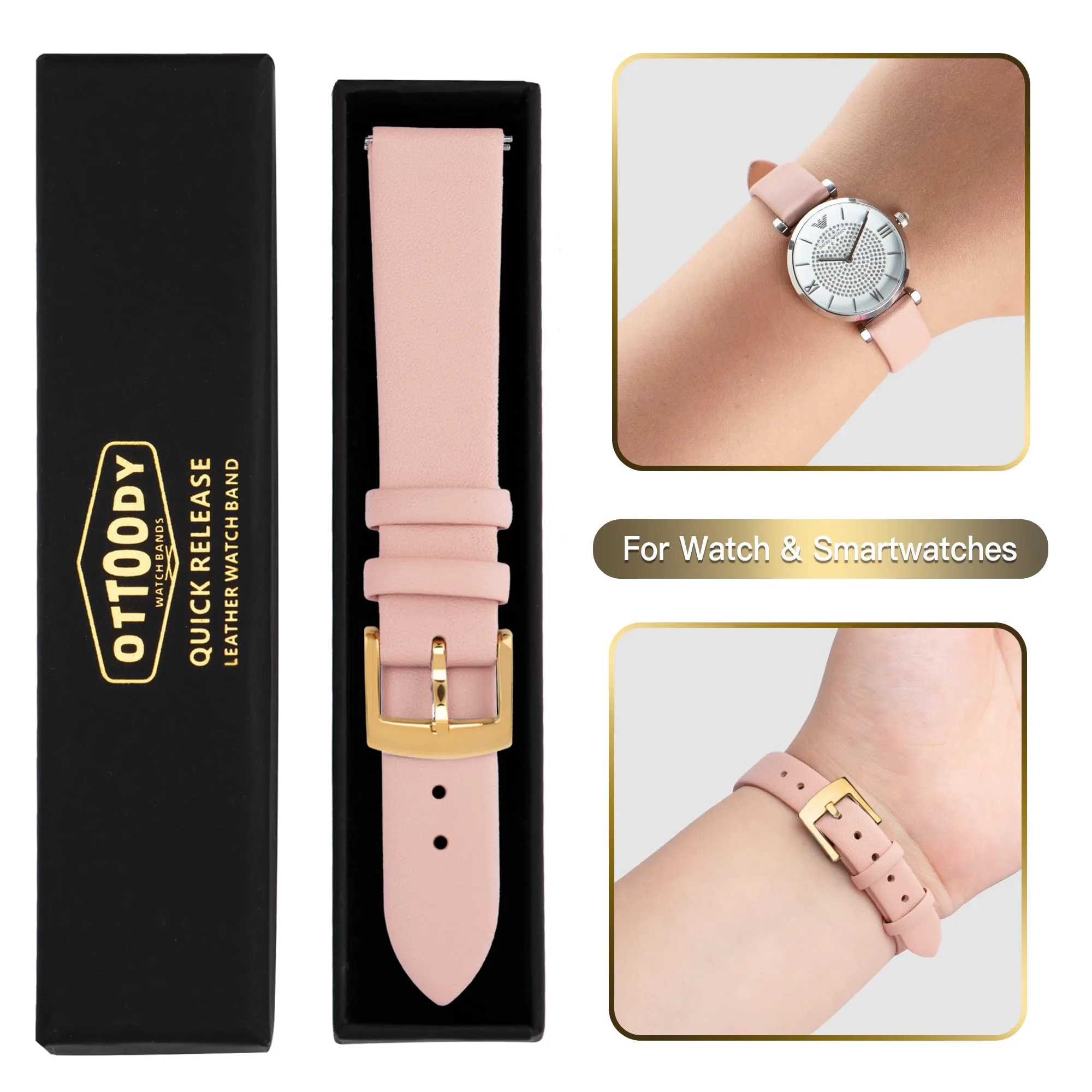 OTTOODY Cinturino Orologio in Pelle di Vitello a Sgancio Rapido 14mm, Fibbia Oro - immagine 7
