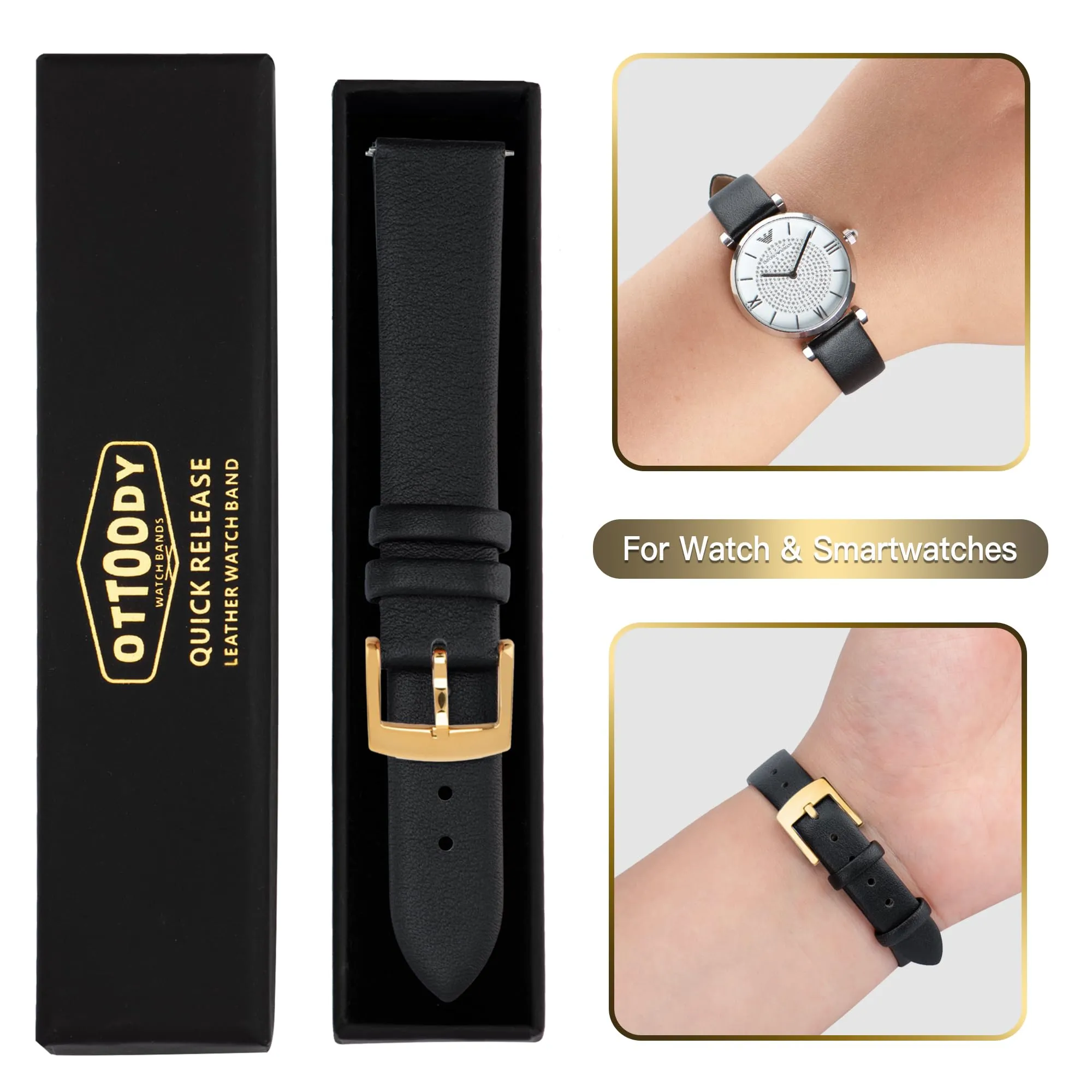 OTTOODY Cinturino Orologio in Pelle di Vitello a Sgancio Rapido, 16mm, Fibbia Oro - immagine 7