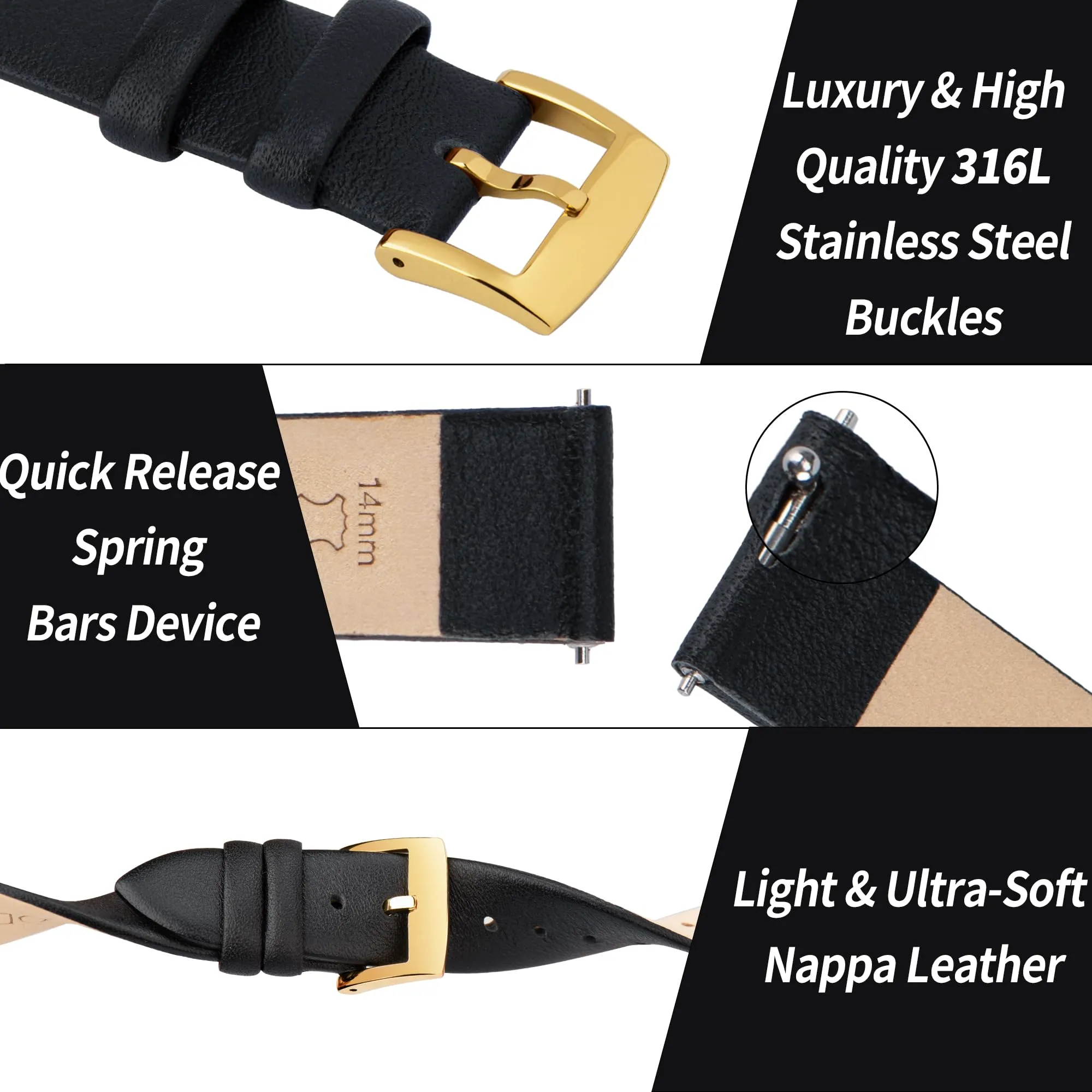 OTTOODY Cinturino Orologio in Pelle di Vitello a Sgancio Rapido 22mm, Fibbia Oro - immagine 4