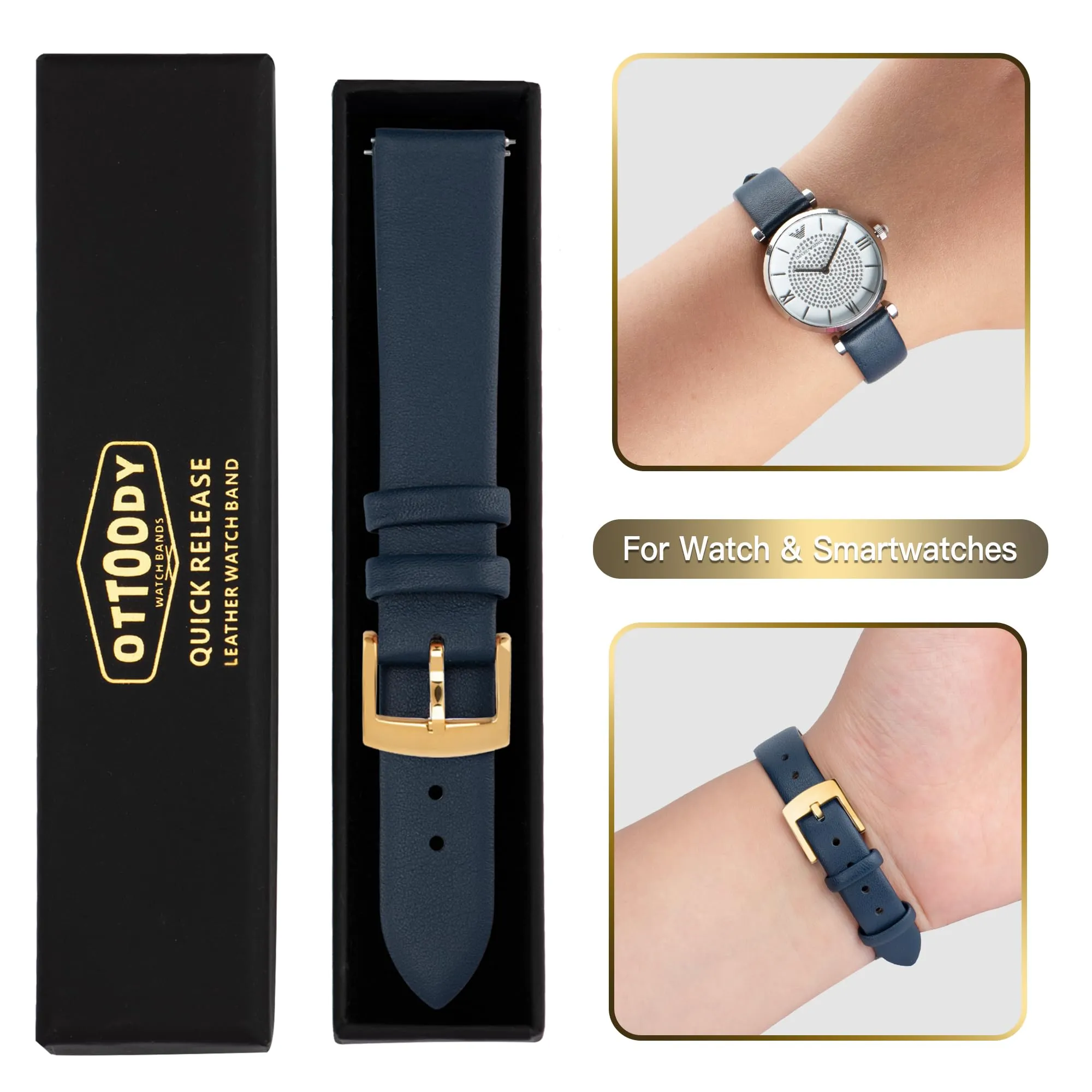 OTTOODY Cinturino Orologio in Pelle di Vitello a Sgancio Rapido 14mm, Fibbia Oro - immagine 7