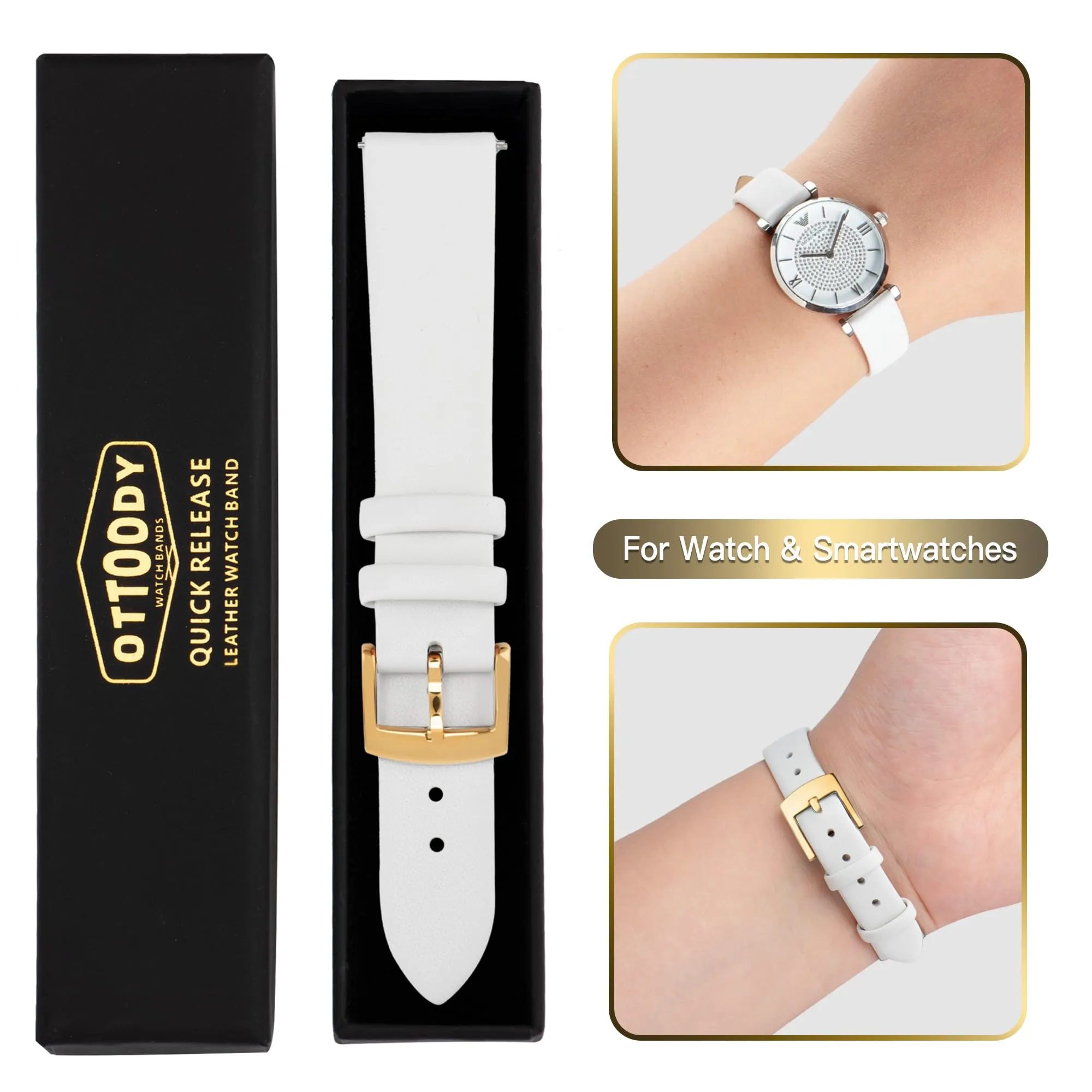 OTTOODY Cinturino Orologio in Pelle di Vitello a Sgancio Rapido 22mm, Fibbia Oro - immagine 7