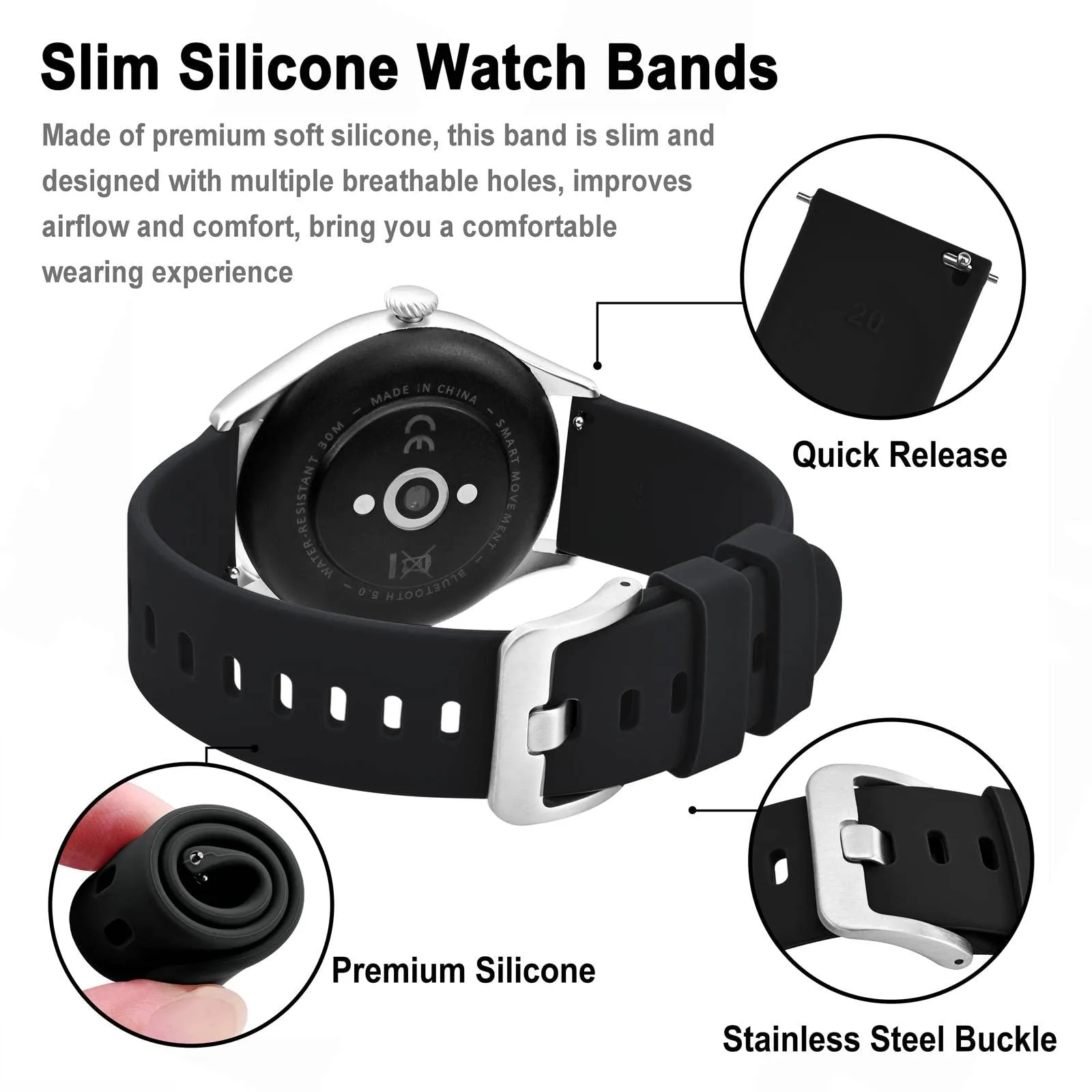 BISONSTRAP Cinturino in Silicone con Sgancio Rapido, 17mm, Nero con Fibbia Argento - immagine 4