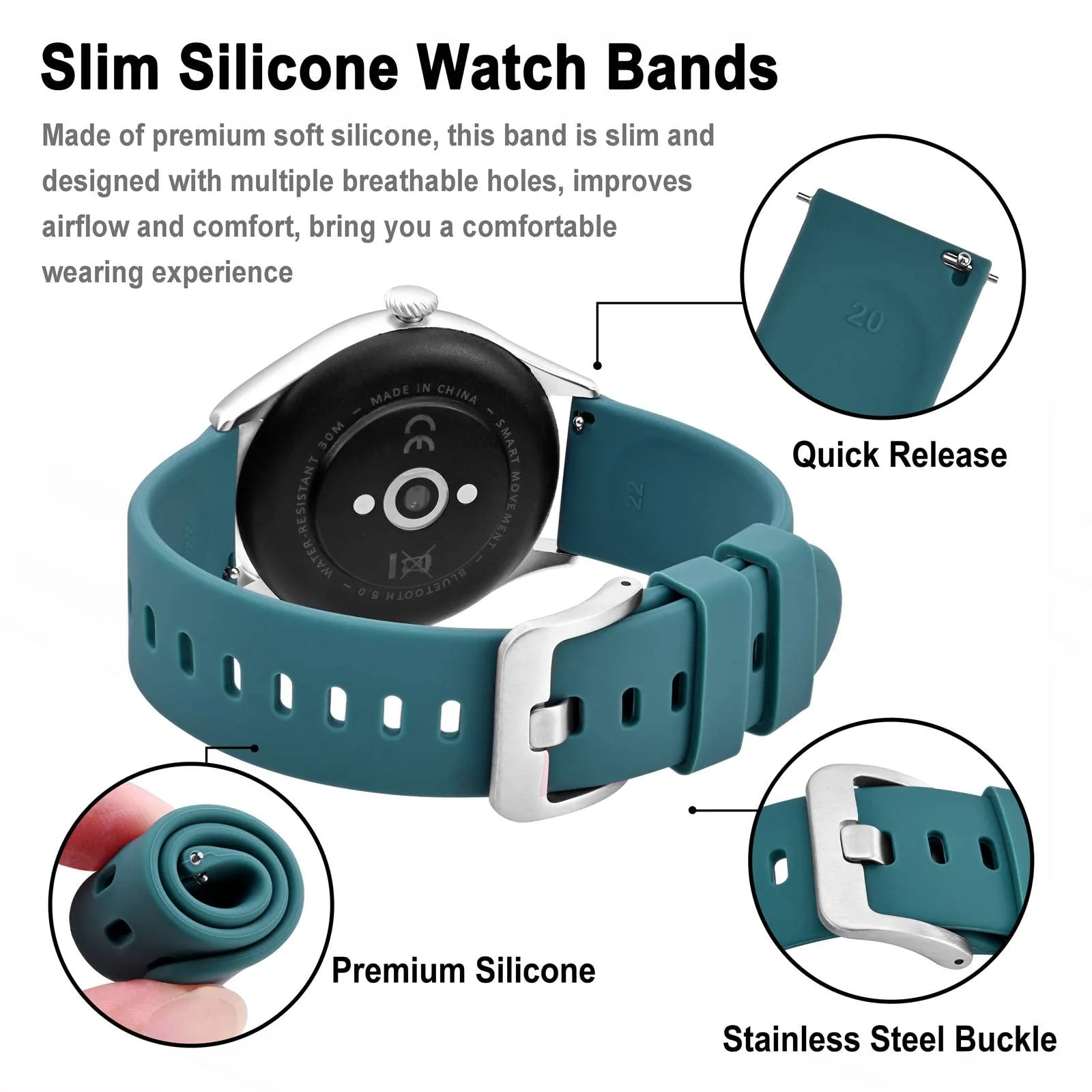BISONSTRAP Cinturino in Silicone con Sgancio Rapido, 17mm, Ciano con Fibbia Argento - immagine 4