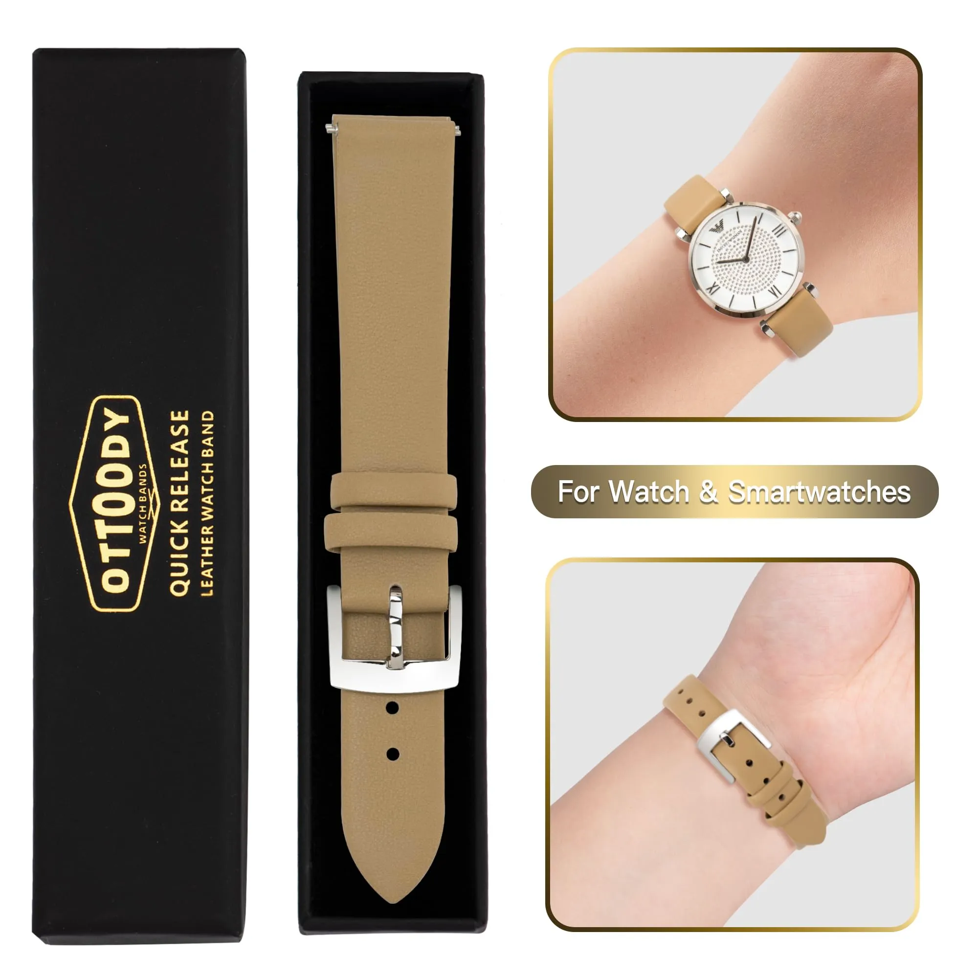 OTTOODY Cinturini Orologio in Pelle a Sgancio Rapido, 22mm 20mm 18mm 16mm 14mm 12mm, Pelle di Vitello per Donne e Uomini - immagine 7