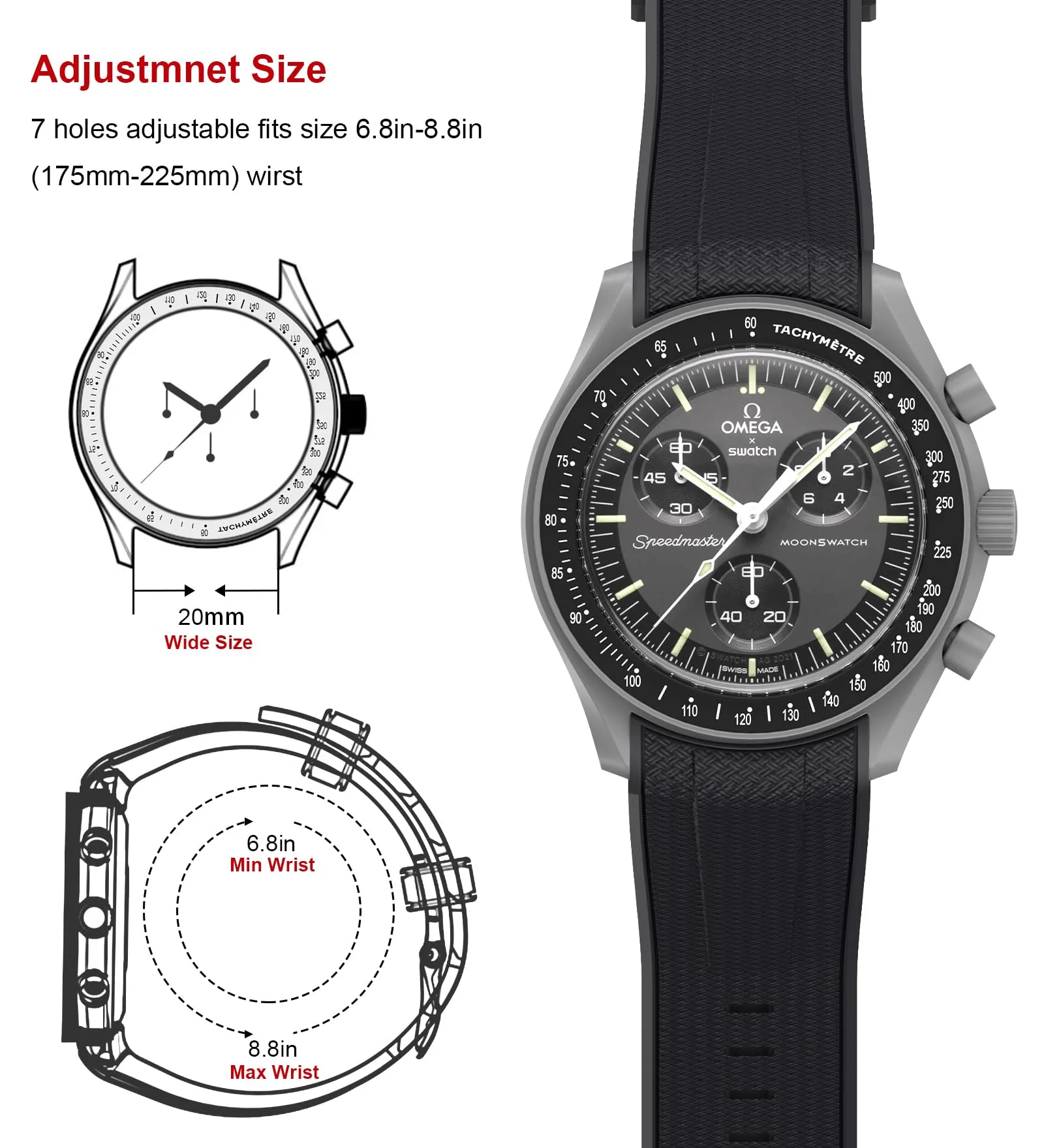 Stanchev Cinturino in silicone 20mm per Omega x Swatch MoonSwatch Speedmaster, Linea bianca - immagine 5