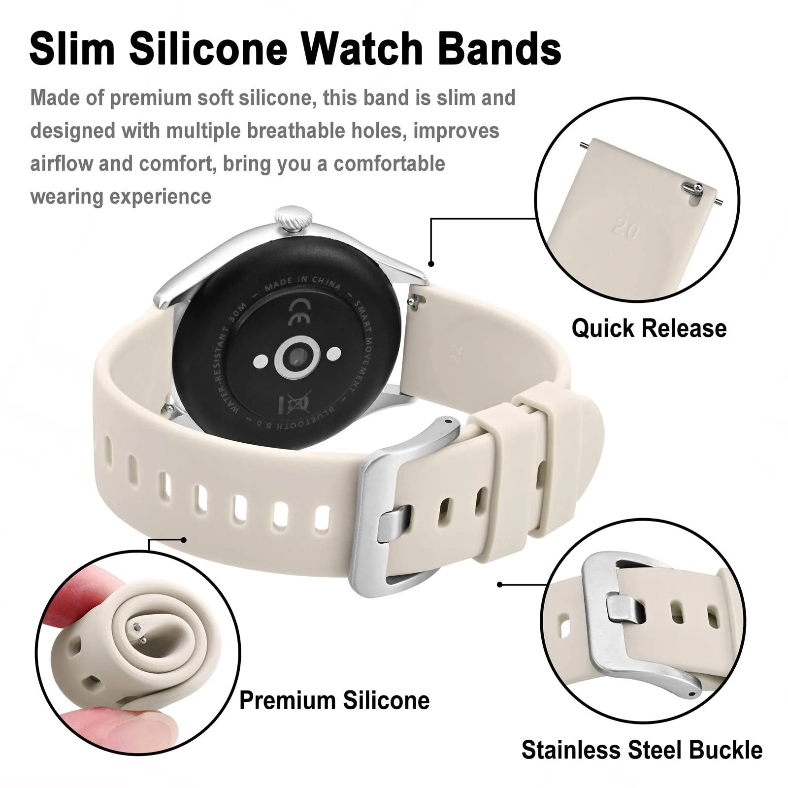 BISONSTRAP Cinturino in Silicone con Sgancio Rapido, 19mm, Avorio con Fibbia Argento - immagine 4