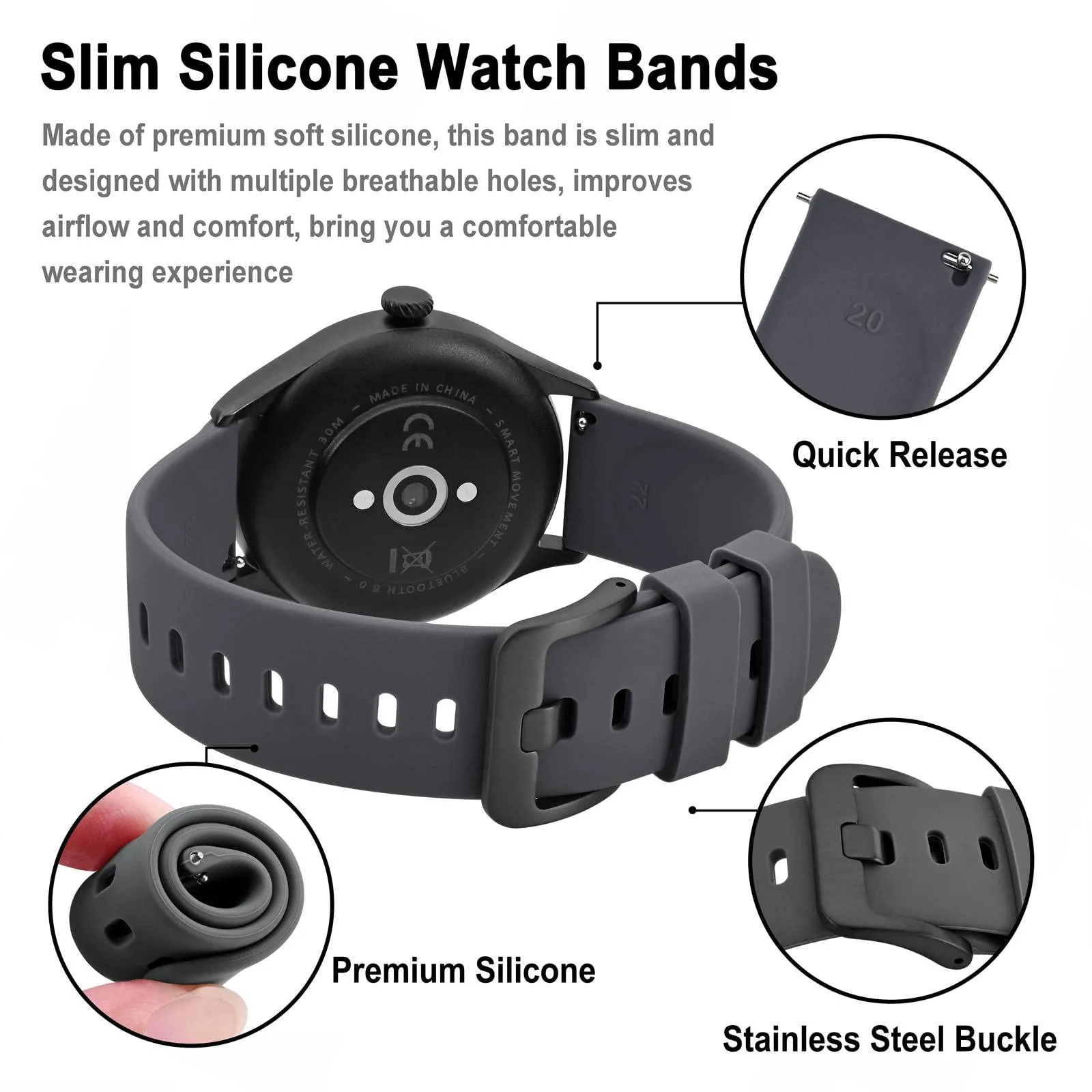 BISONSTRAP Cinturino per Orologi in Silicone 19mm, Grigio con Fibbia Nera - immagine 4