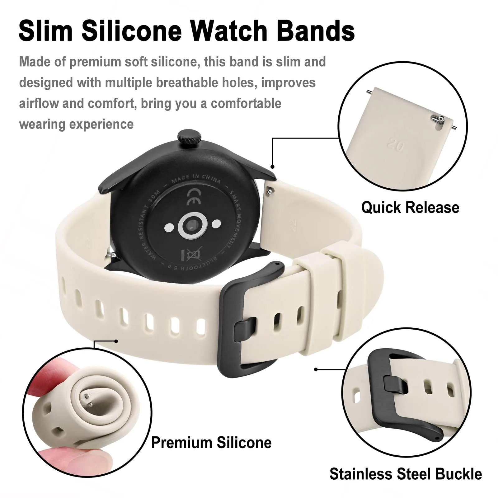 BISONSTRAP Cinturino in Silicone con Sgancio Rapido, 14mm, Avorio con Fibbia Nera - immagine 4