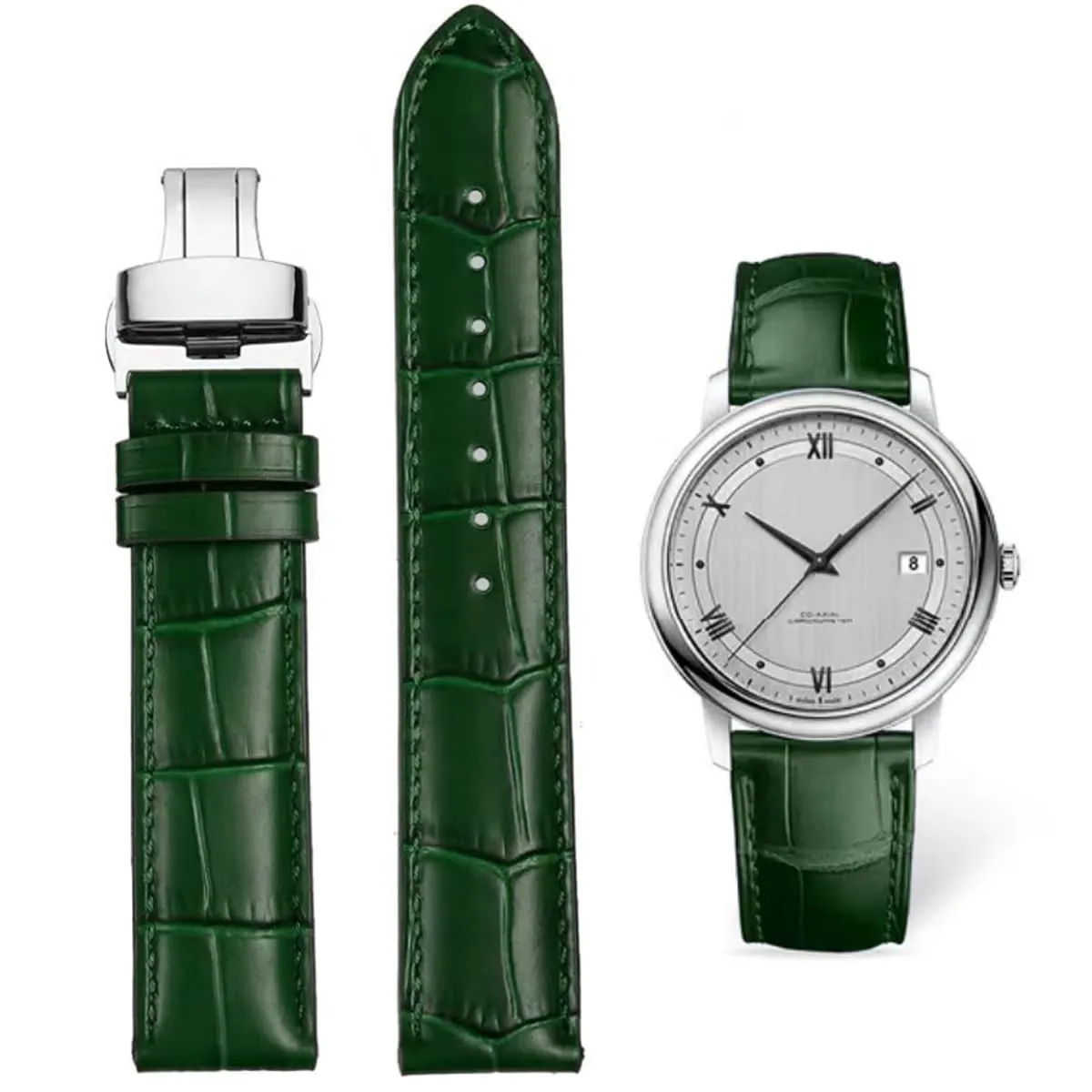 FOUUA Cinturino in pelle alligatore con chiusura deployante 16mm Verde - immagine 1