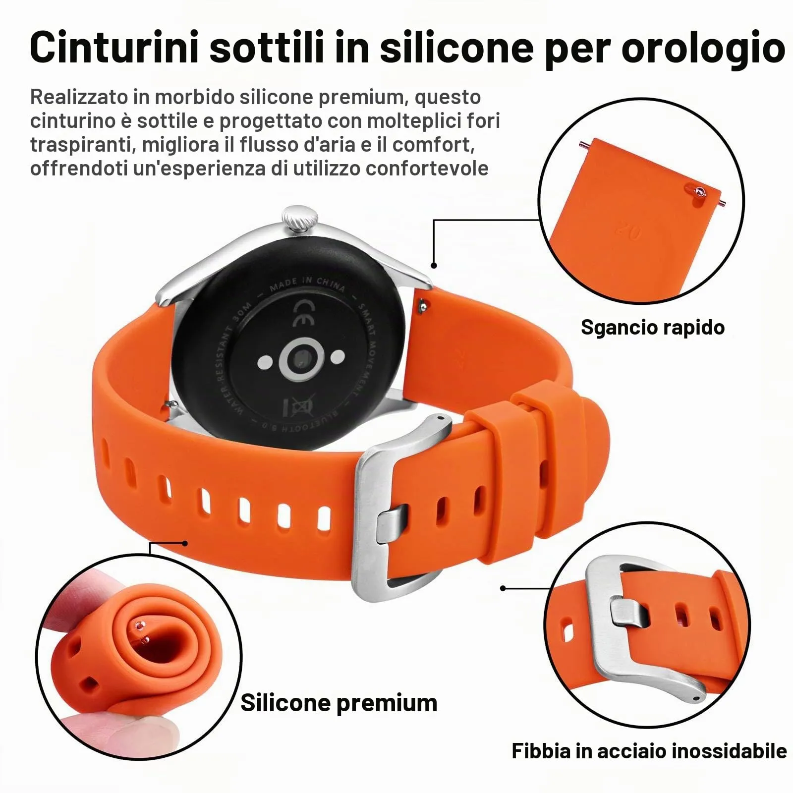 BISONSTRAP Cinturino in Silicone per Orologi, Sgancio Rapido, 18mm, Arancione con Fibbia Argento - immagine 4