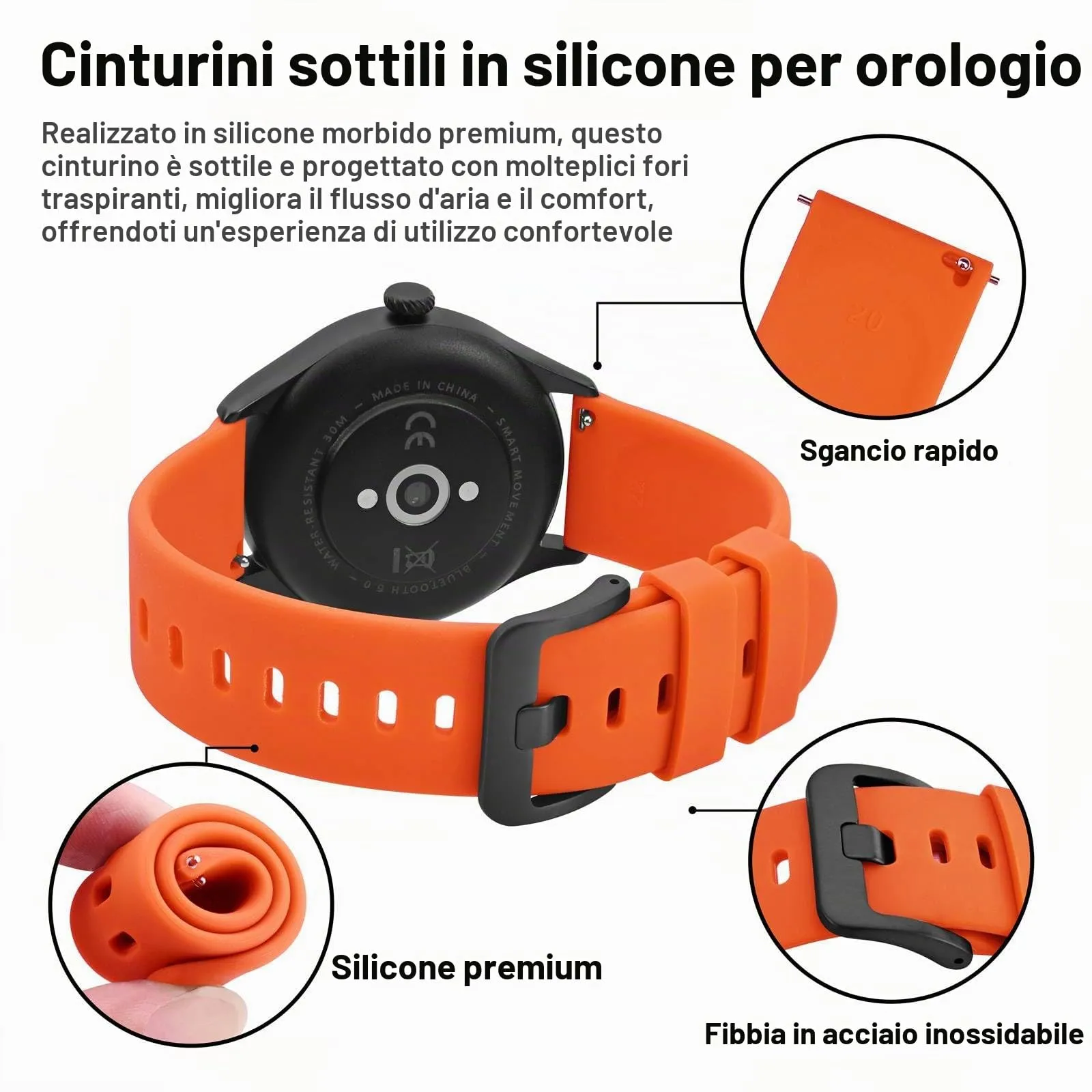 BISONSTRAP Cinturino in Silicone per Orologi, 18mm, Arancione con Fibbia Nera - immagine 4