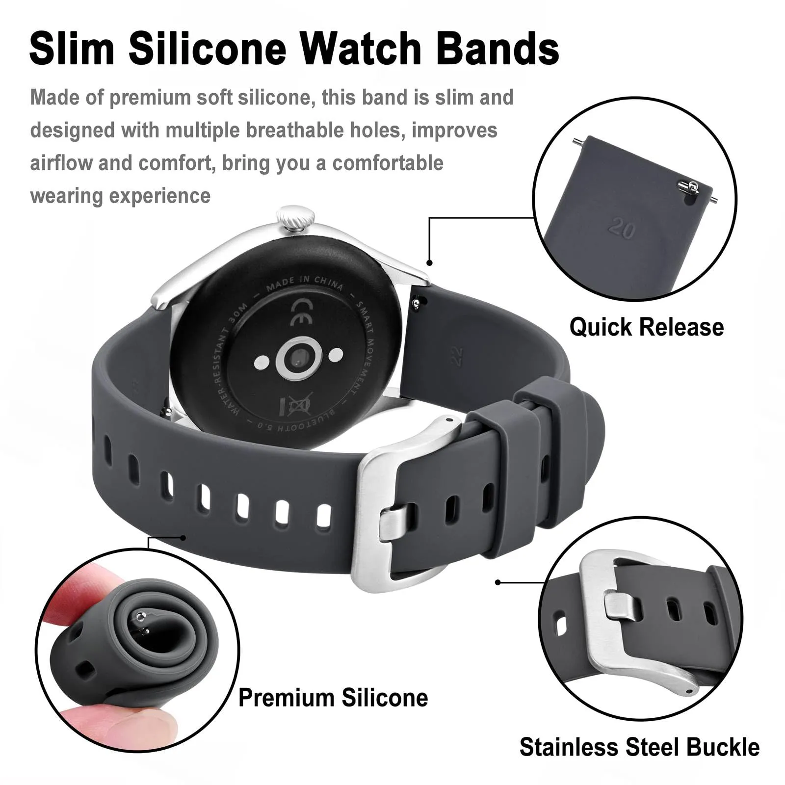 BISONSTRAP Cinturino in Silicone con Sgancio Rapido, 21mm, Grigio con Fibbia Argento - immagine 4