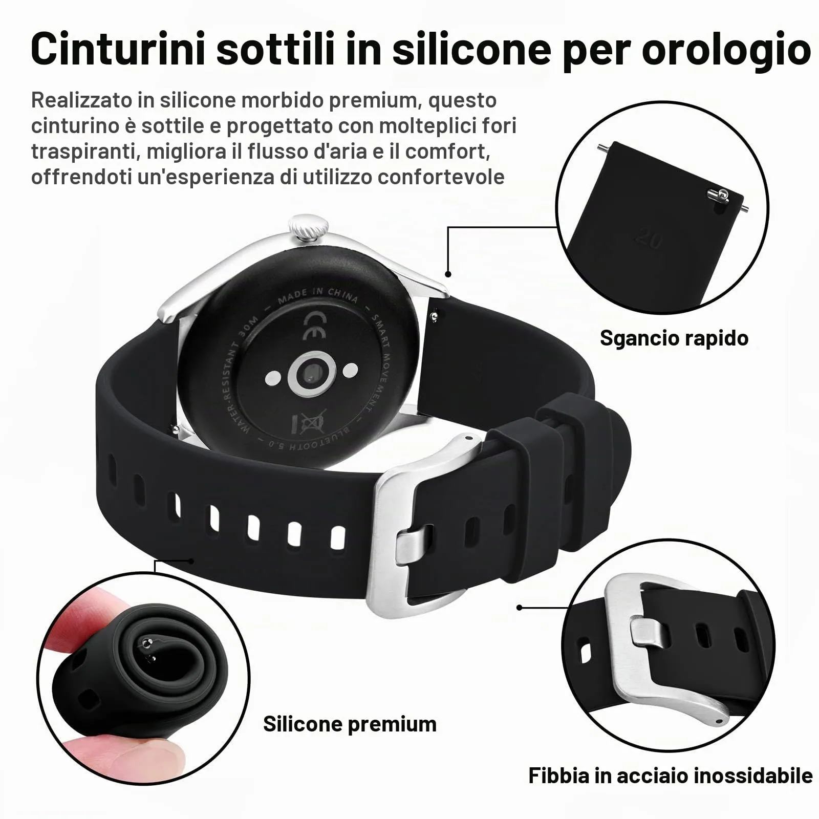 BISONSTRAP Cinturino in Silicone con Sgancio Rapido, 21mm, Nero con Fibbia Argento - immagine 4