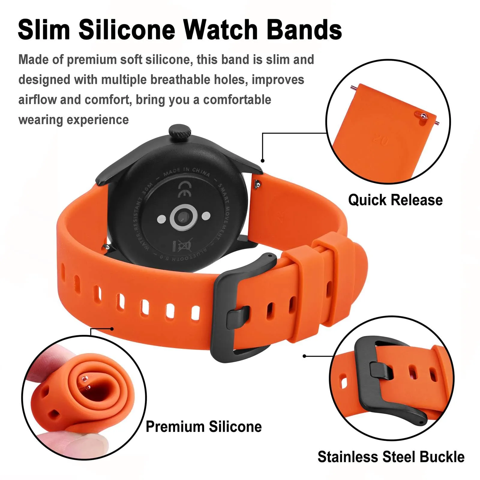 BISONSTRAP Cinturino in Silicone con Sgancio Rapido, 16mm, Arancione con Fibbia Nera - immagine 4