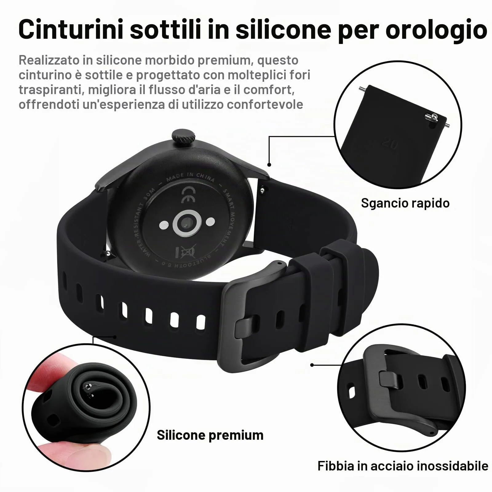 BISONSTRAP Cinturino in Silicone con Sgancio Rapido, 21mm, Nero con Fibbia Nera - immagine 4