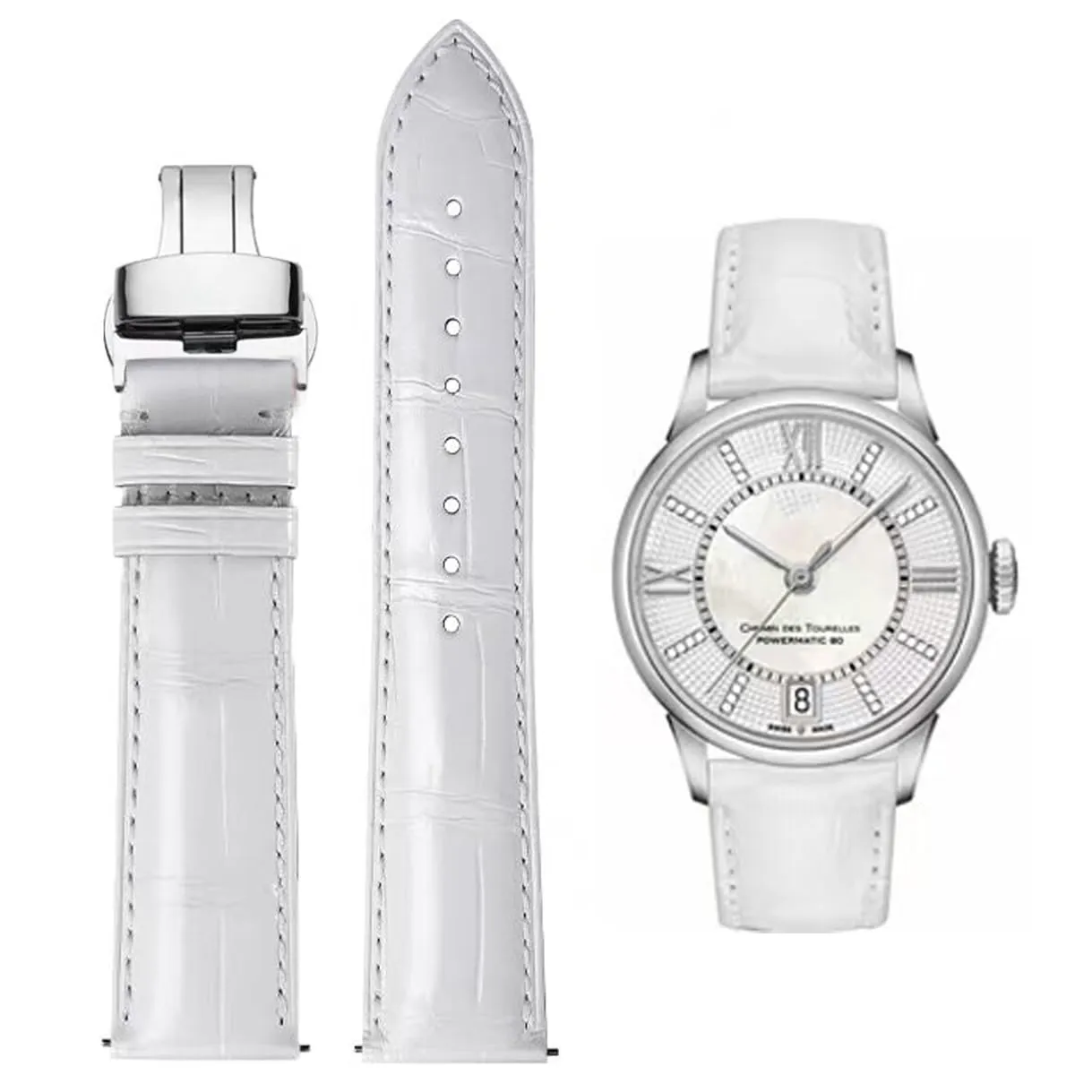 FOUUA Cinturino per Orologio in Pelle Alligatore con Chiusura Deployante, 14mm, Bianco - immagine 1