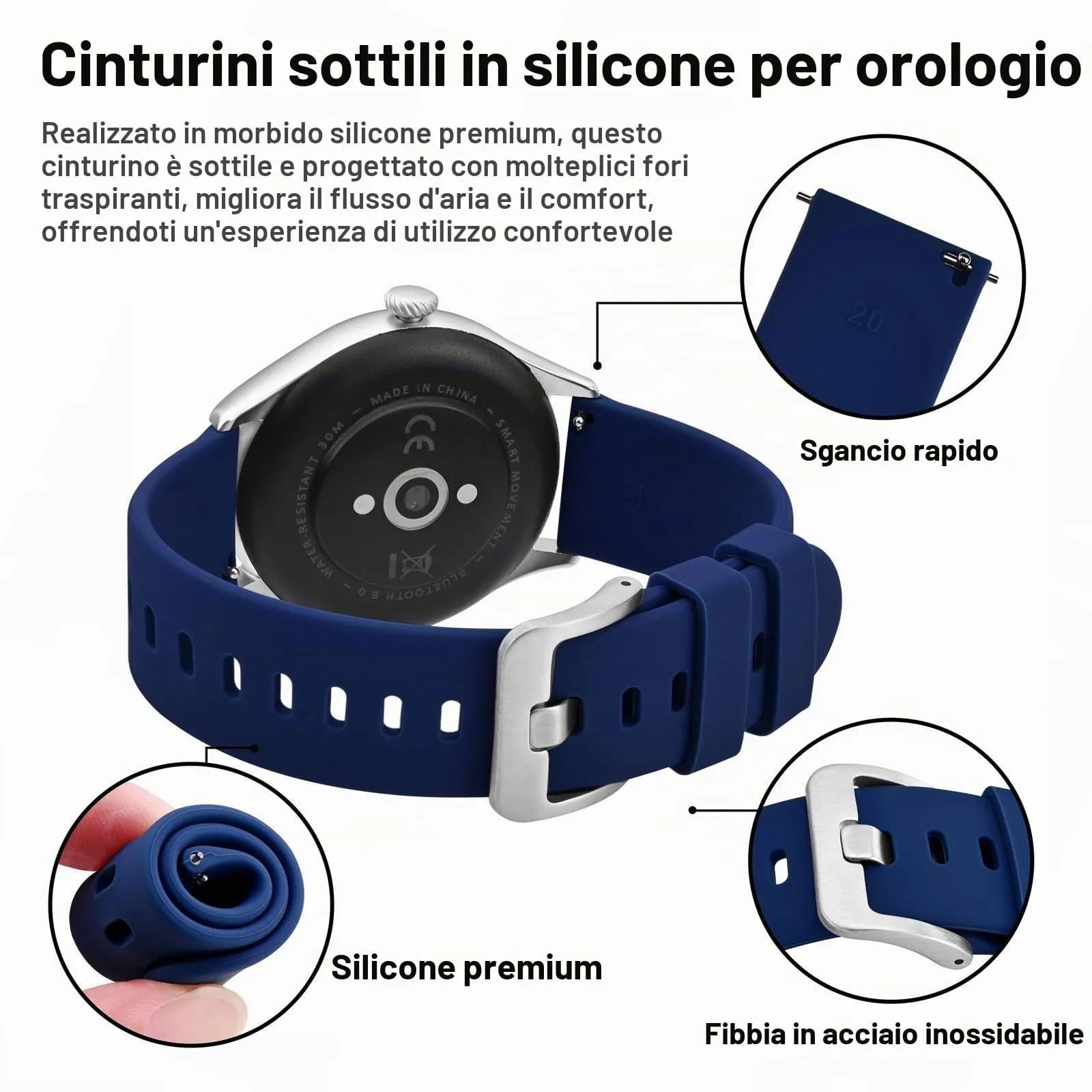 BISONSTRAP Cinturino per Orologi in Silicone, 22mm, Blu Scuro con Fibbia Argento - immagine 4