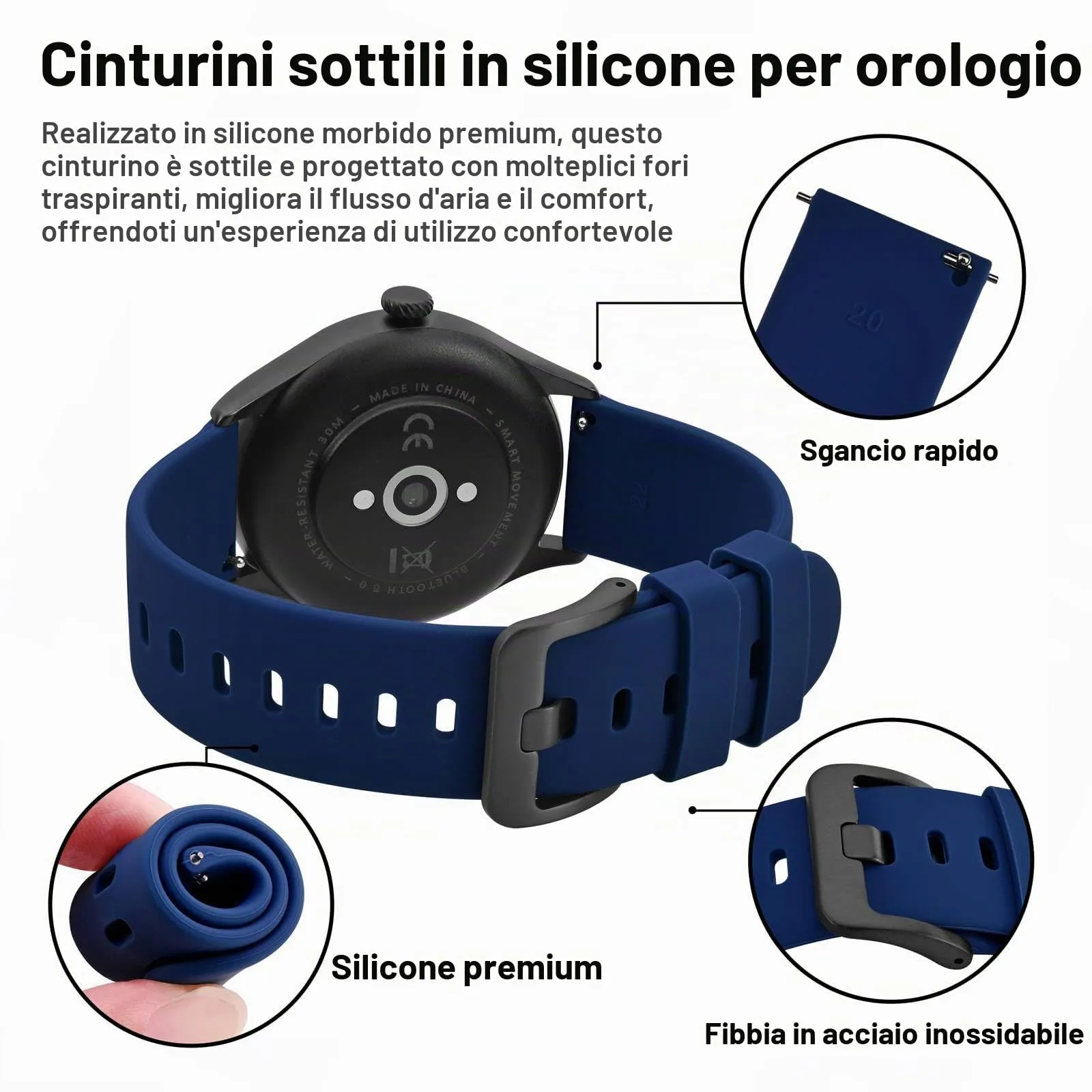 BISONSTRAP Cinturino in Silicone Perforato 22mm, Blu Scuro con Fibbia Nera - immagine 4