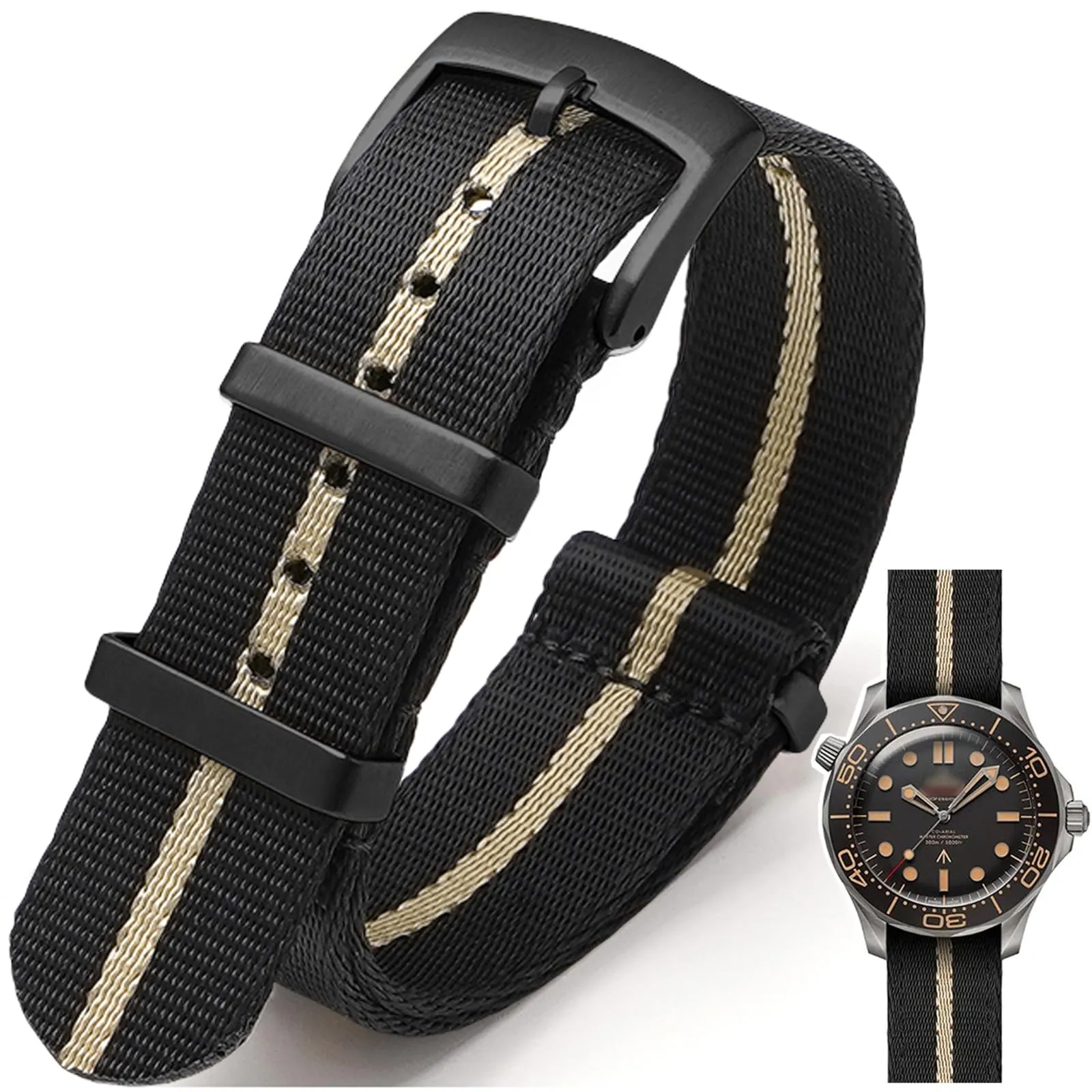 Nizonlaie Cinturino per Orologio in Nylon Stile Nato Militare G10 24mm Nero Beige - immagine 1