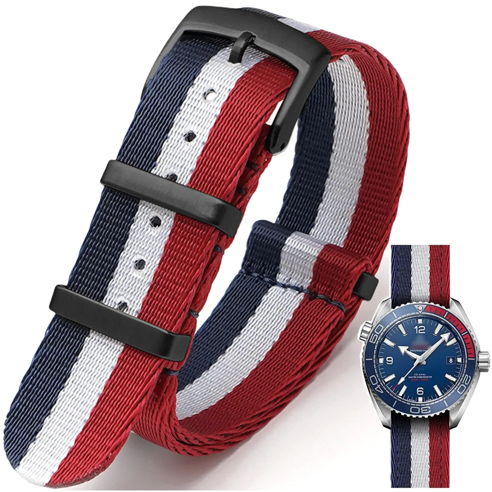 Nizonlaie Cinturino per Orologio in Nylon Stile Nato Militare Balistico G10, 20mm, Rosso Bianco Blu - immagine 1