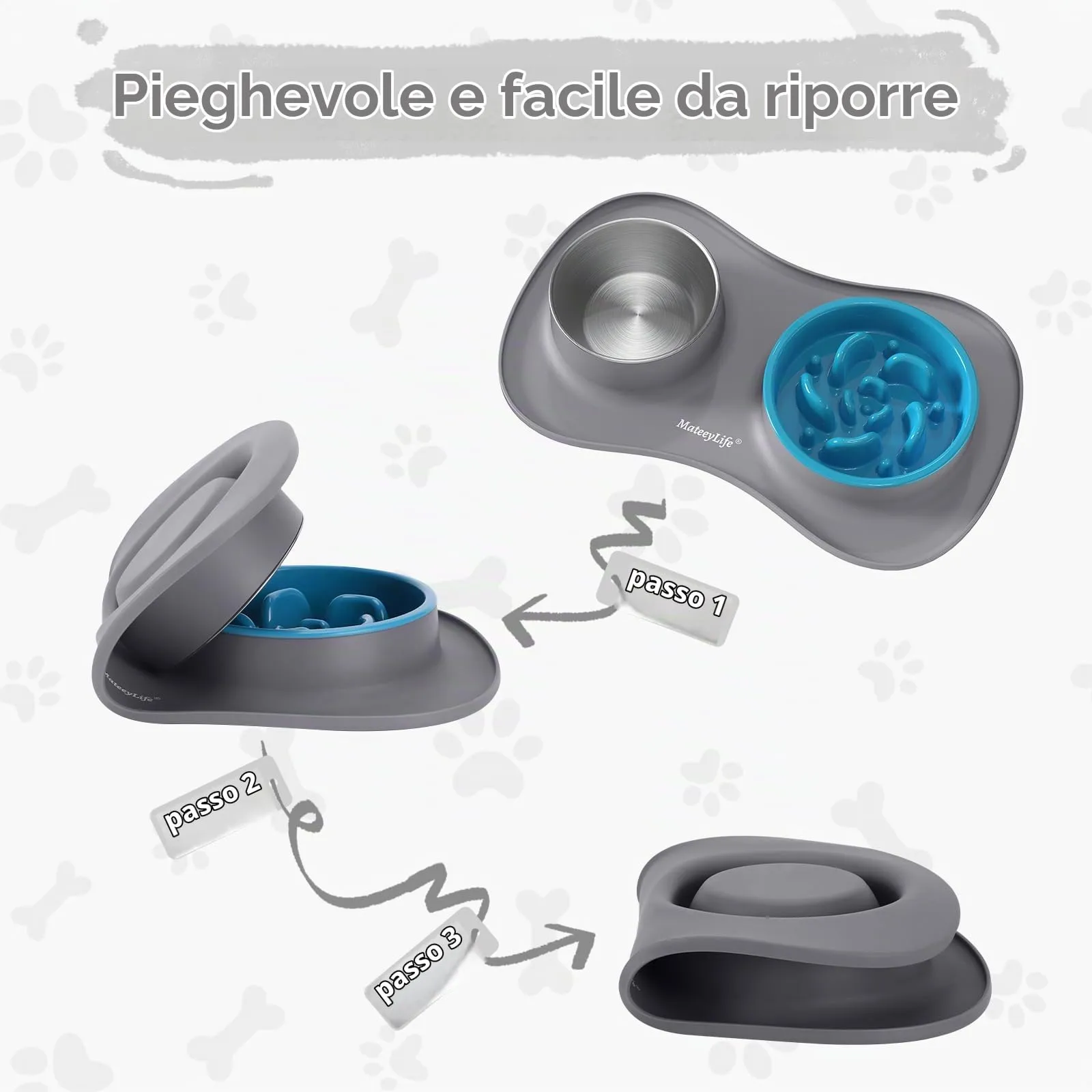MateeyLife Set Ciotole 3 in 1 per Cani e Gatti in Acciaio Inossidabile con Tappetino in Silicone, 43.7 × 25.9 cm - immagine 5