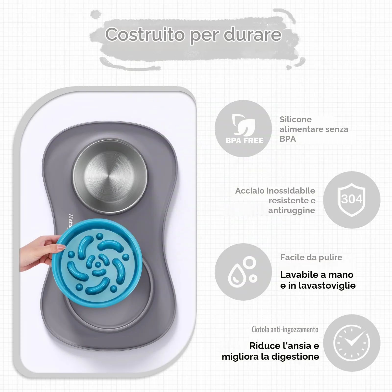 MateeyLife Set Ciotole 3 in 1 per Cani e Gatti in Acciaio Inossidabile con Tappetino in Silicone, 43.7 × 25.9 cm - immagine 6