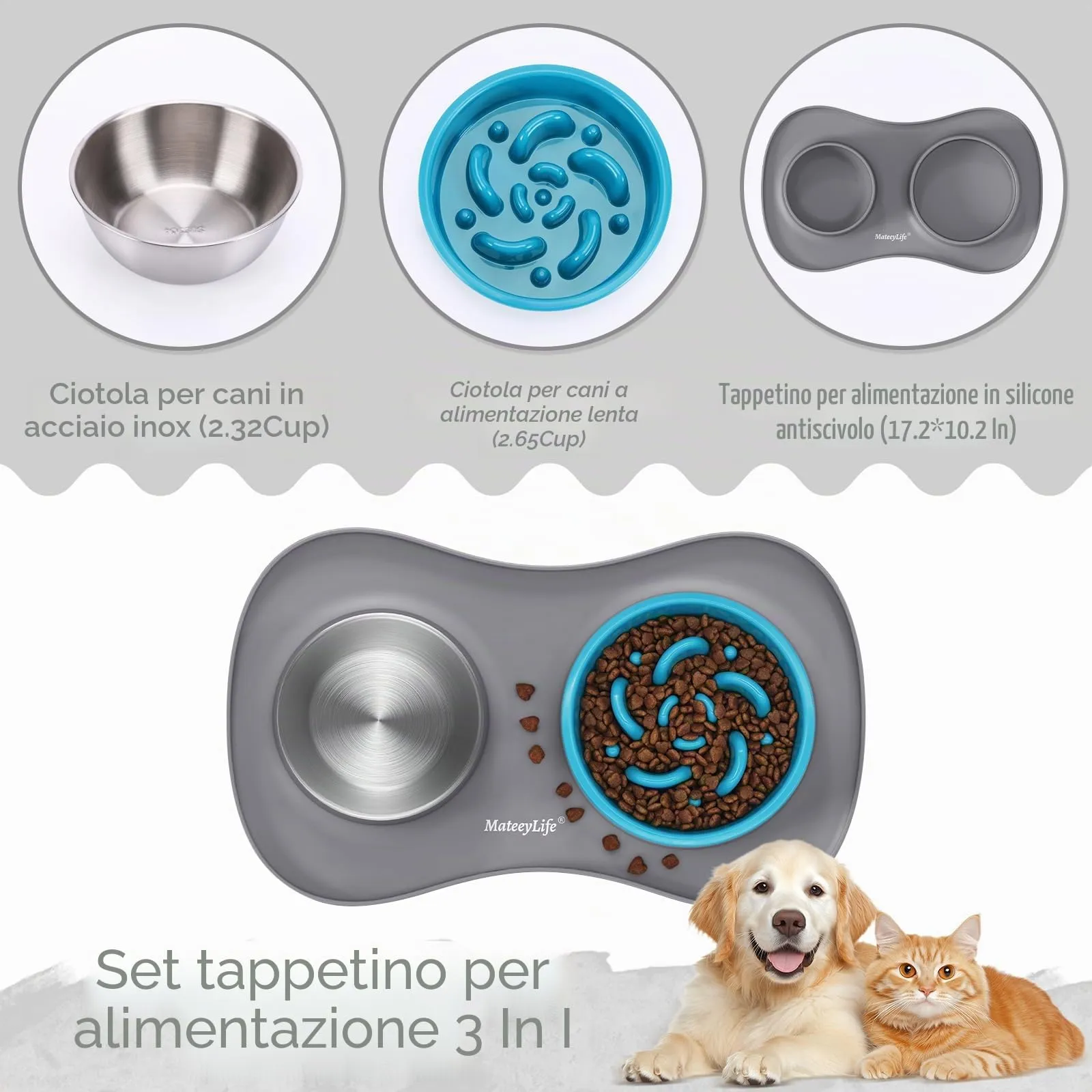MateeyLife Set Ciotole 3 in 1 per Cani e Gatti in Acciaio Inossidabile con Tappetino in Silicone, 43.7 × 25.9 cm - immagine 7