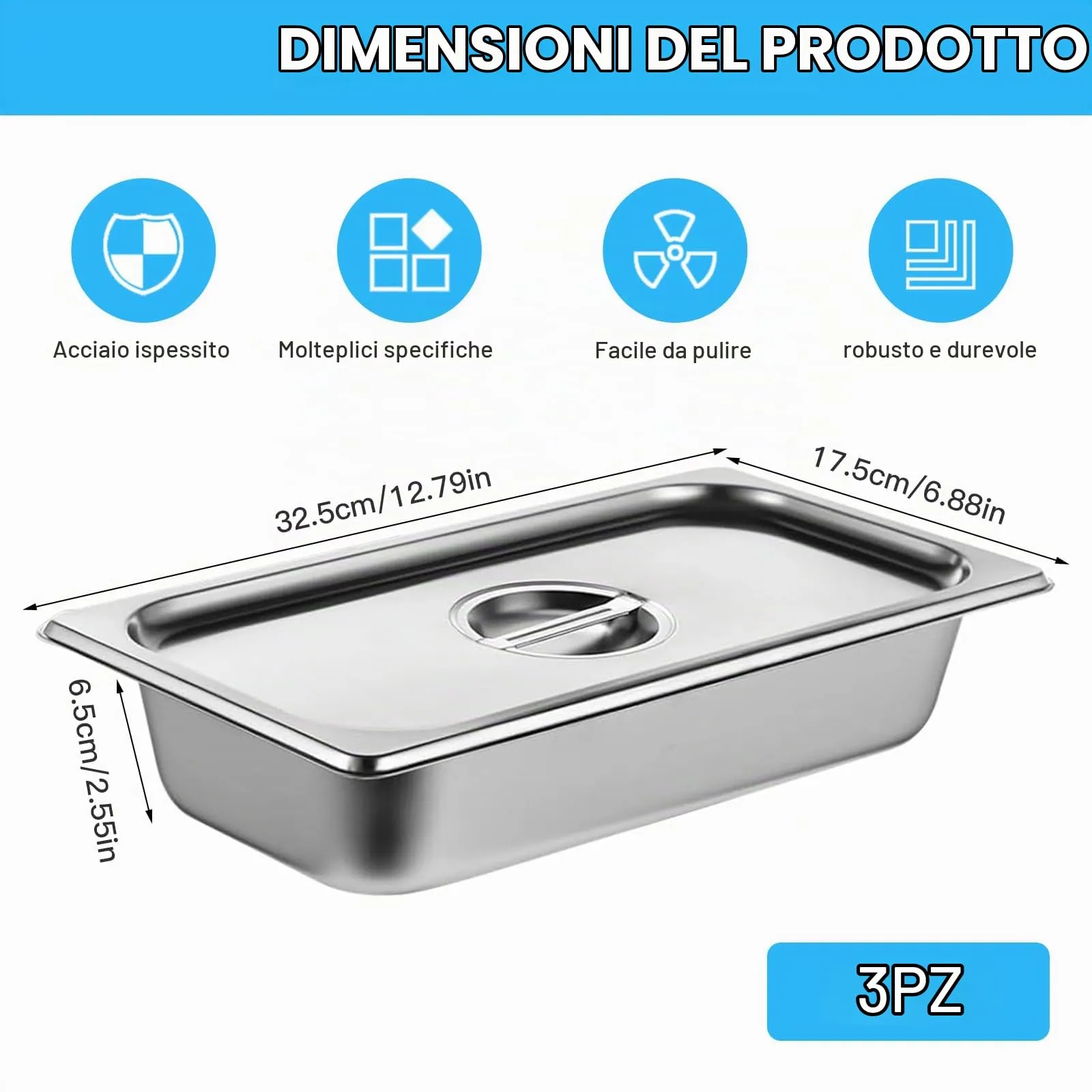 Bcuuozeeing Set di Ciotole per Impanare, 3 Pezzi, Acciaio Inox GN 1/3 con Coperchio, 32,5 x 17,5 x 6,5 cm - immagine 2