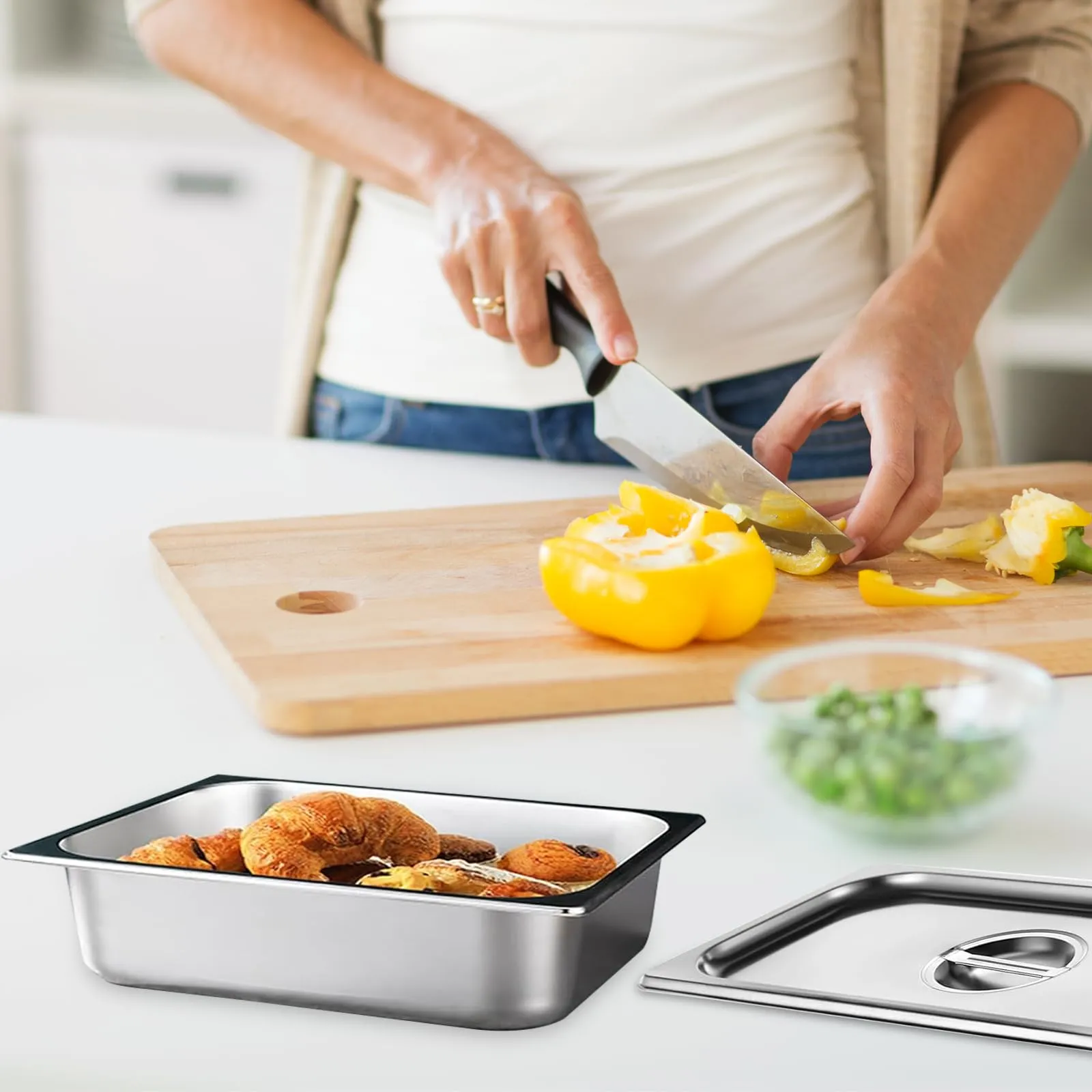 Bcuuozeeing Set di Ciotole per Impanare, 3 Pezzi, Acciaio Inox GN 1/3 con Coperchio, 32,5 x 17,5 x 6,5 cm - immagine 6