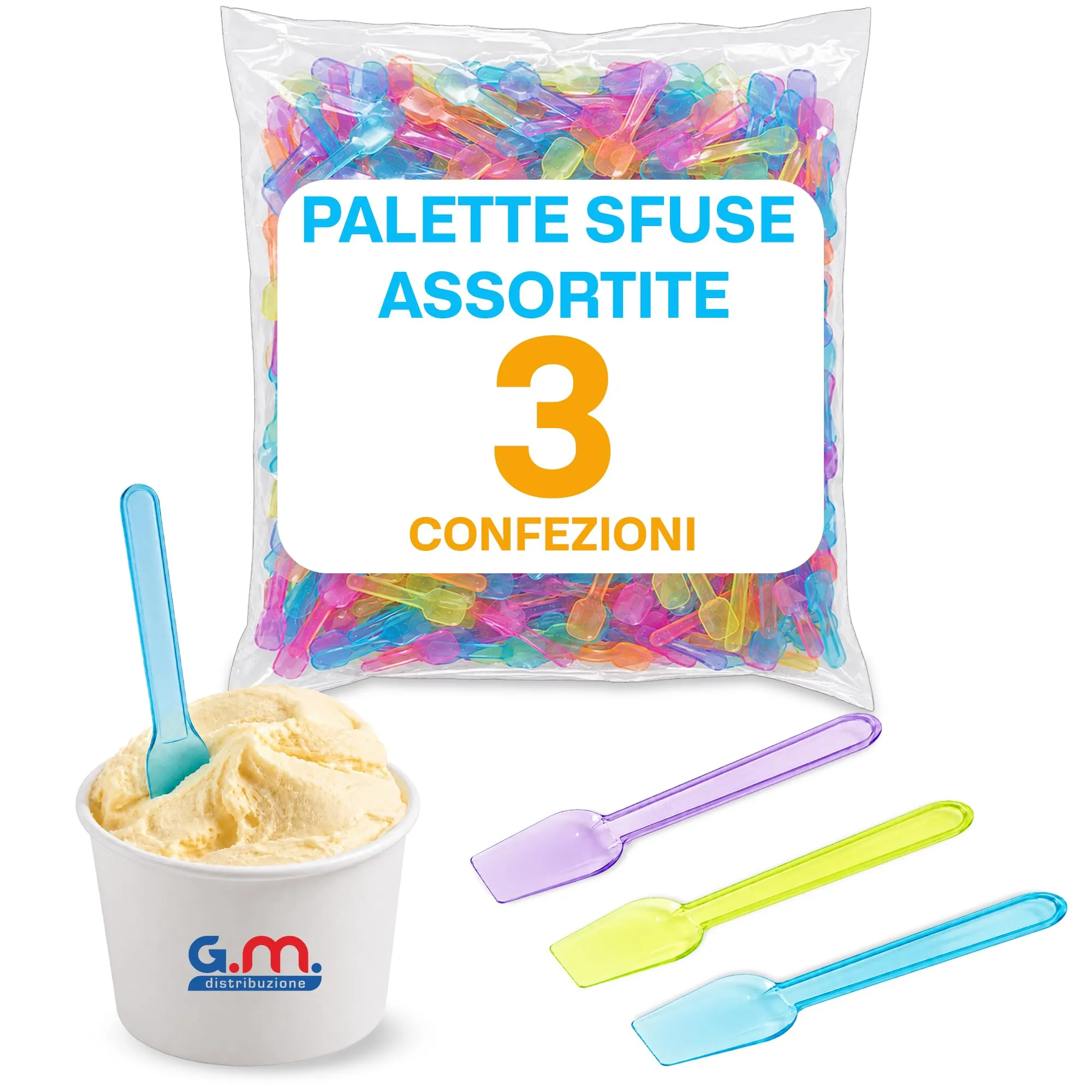 G.M. Distribuzione Palette Gelato Riutilizzabili Colori Assortiti 10 cm, 1920 pezzi, 3 Buste - immagine 1