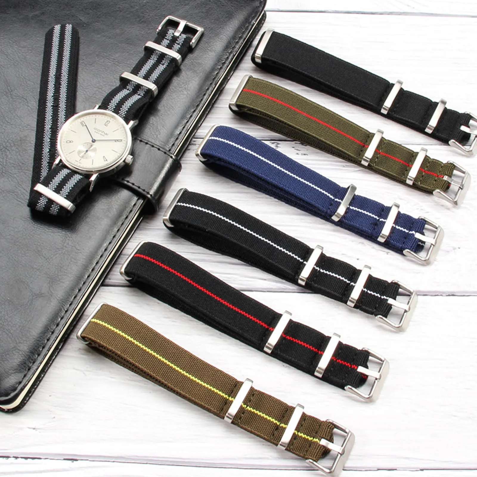 Niziruoup Cinturino per Orologio in Nylon Elastico Stile Nato Militare Paracadute 18mm Nero/Arancione - immagine 7