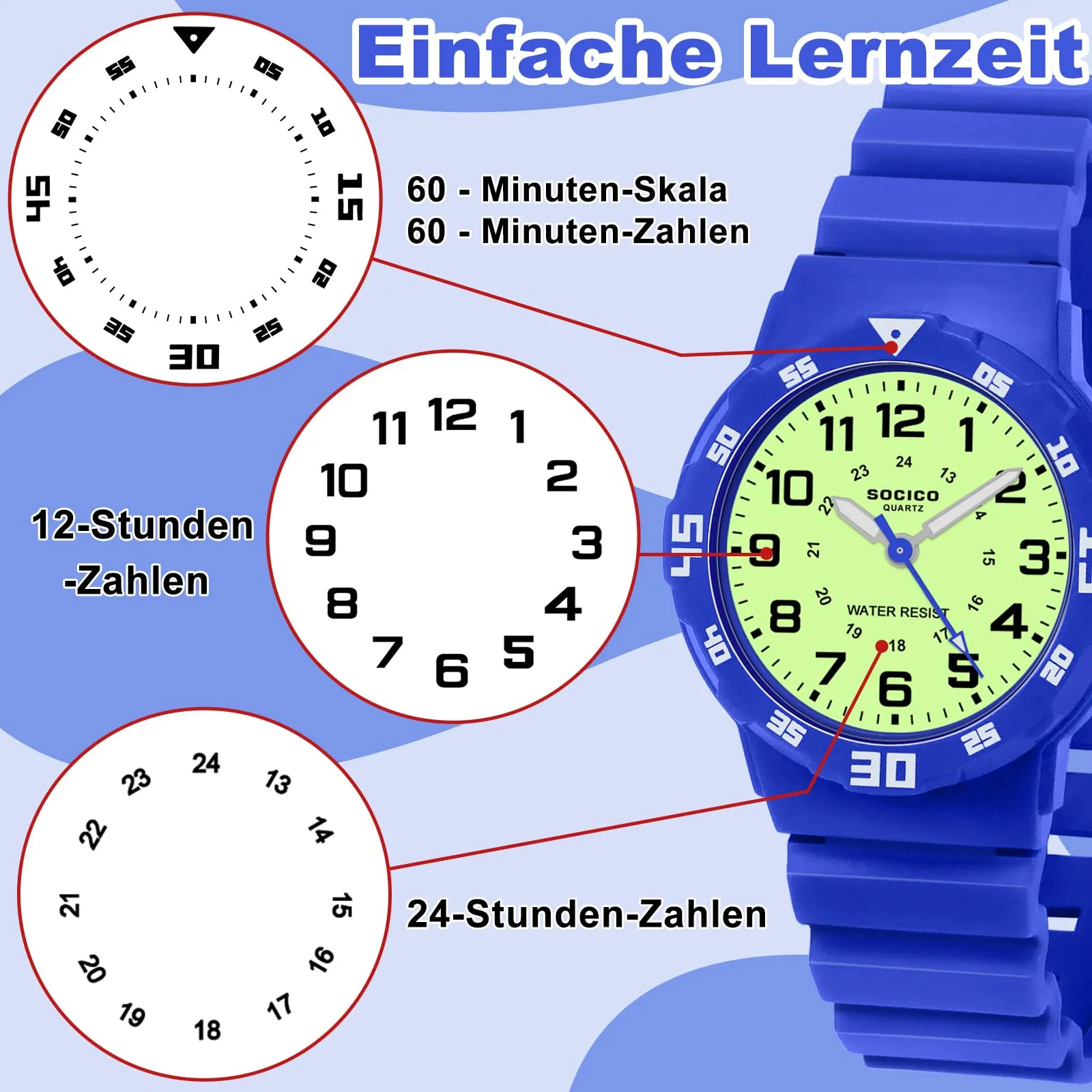 SOCICO Orologio Analogico per Bambini, Impermeabile 30M, SOC-1013 - immagine 3