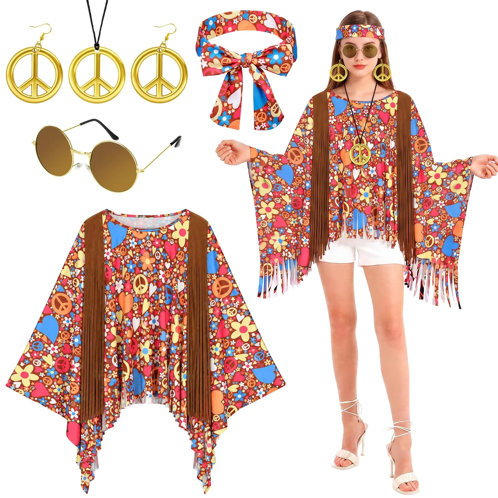 AOOWU Costume Hippie Donna, Set Accessori Stile Vintage Anni 70, 5 Pezzi - immagine 1