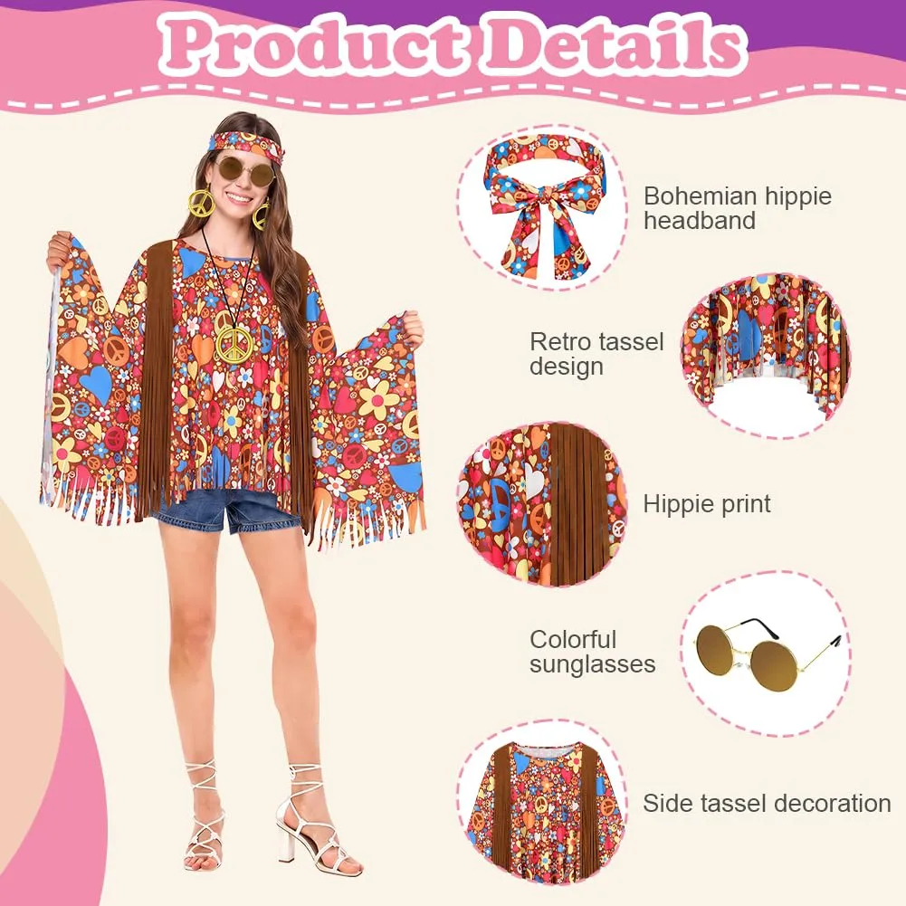 AOOWU Costume Hippie Donna, Set Accessori Stile Vintage Anni 70, 5 Pezzi - immagine 2