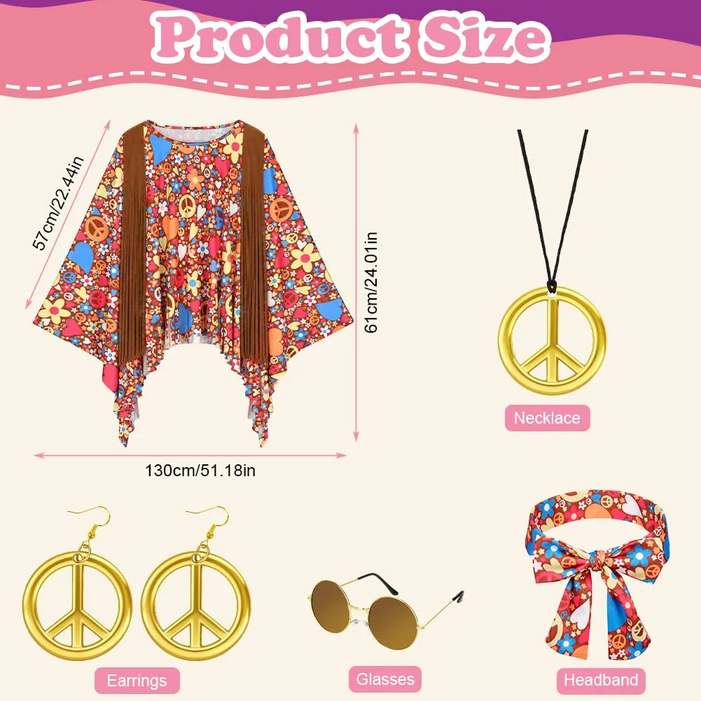 AOOWU Costume Hippie Donna, Set Accessori Stile Vintage Anni 70, 5 Pezzi - immagine 3