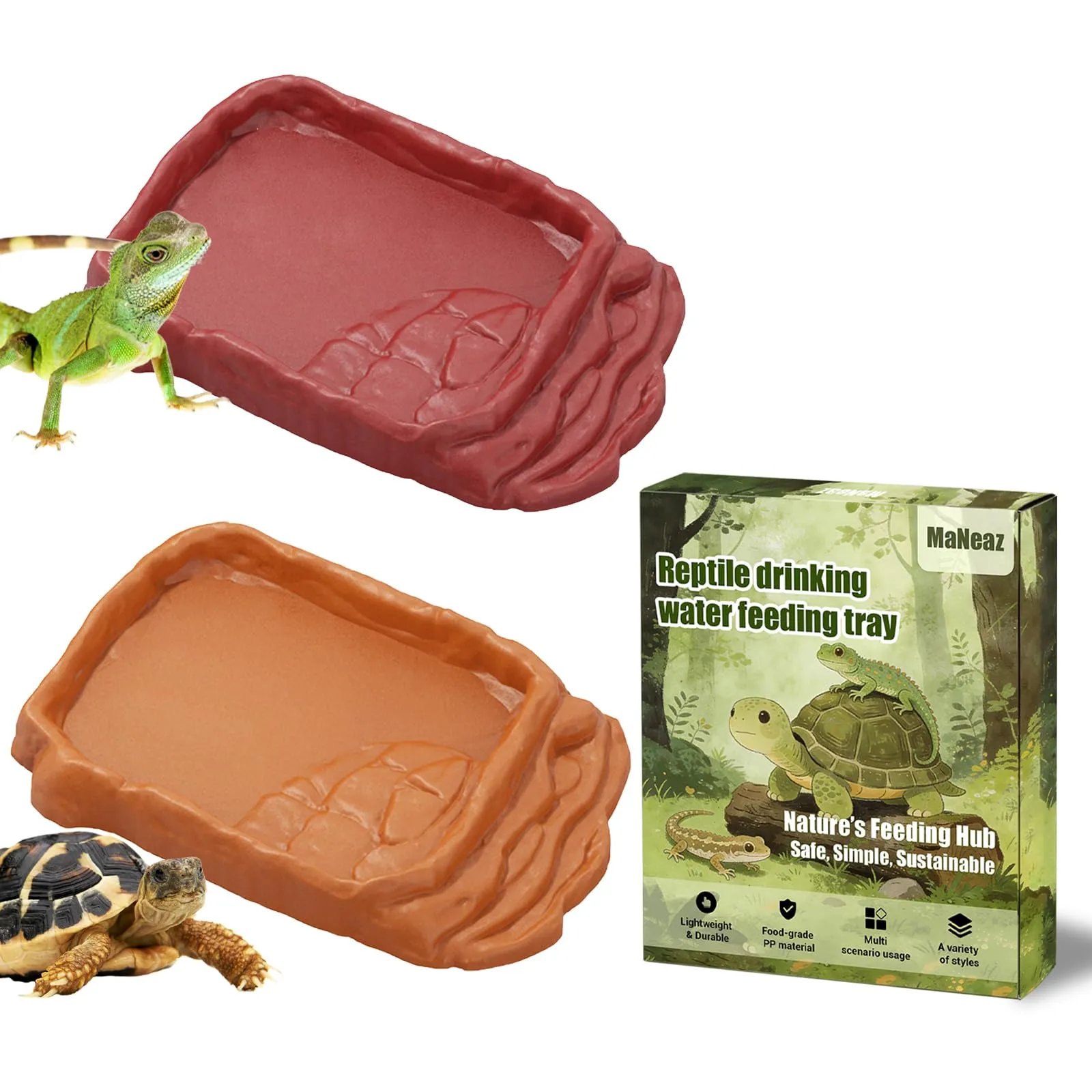 MaNeaz Ciotola per Tartarughe e Rettili, Abbeveratoio e Bacino Alimentare per Geco e Serpente, 2 Pezzi (Marrone rossastro + giallo) - immagine 1