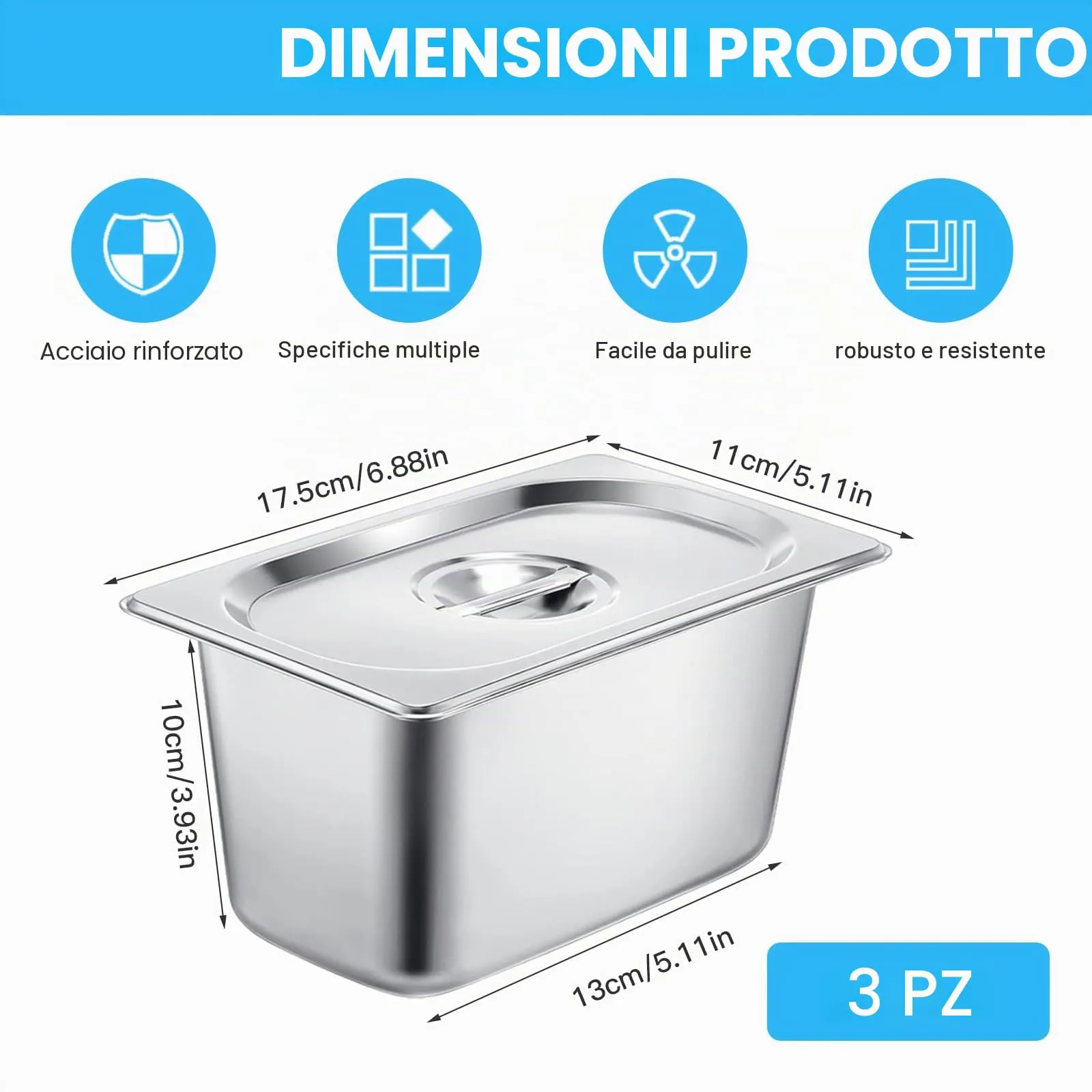 Bcuuozeeing Set di 3 vaschette GN 1/3 in acciaio inox con coperchio, 17,5 x 11 x 10 cm - immagine 2