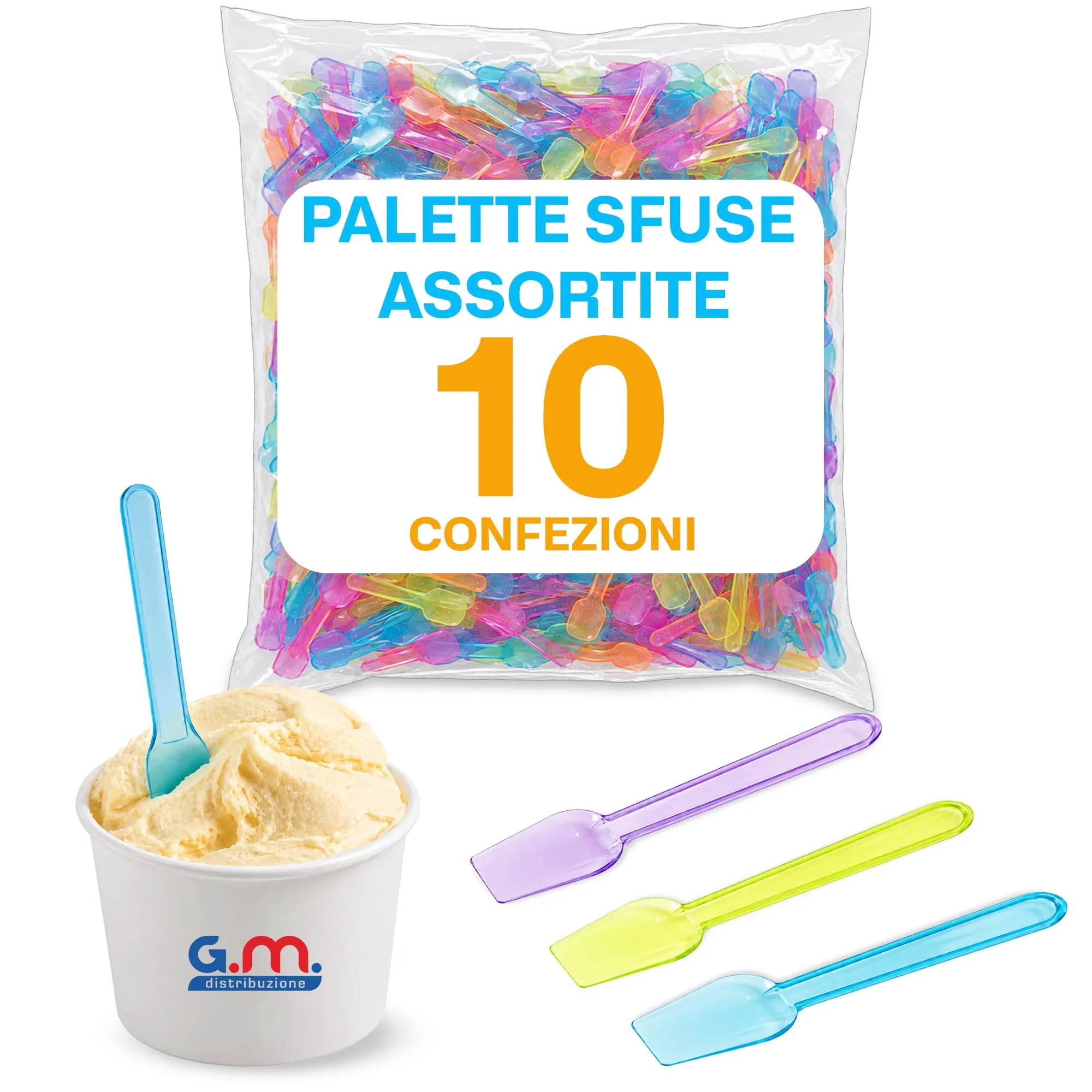 G.M. Distribuzione Palette Gelato Riutilizzabili Colori Assortiti 10 cm, 6400 Pezzi (10 Buste) - immagine 1