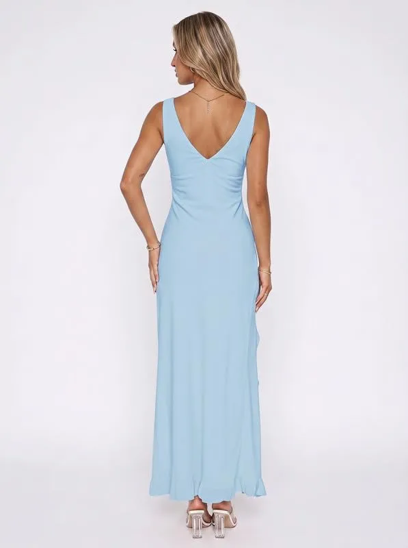 Xiaoliny Vestito Donna Elegante Senza Maniche Scollo a V Maxi Abito con Volant e Spacco in Rete Schiena Scoperta - immagine 5