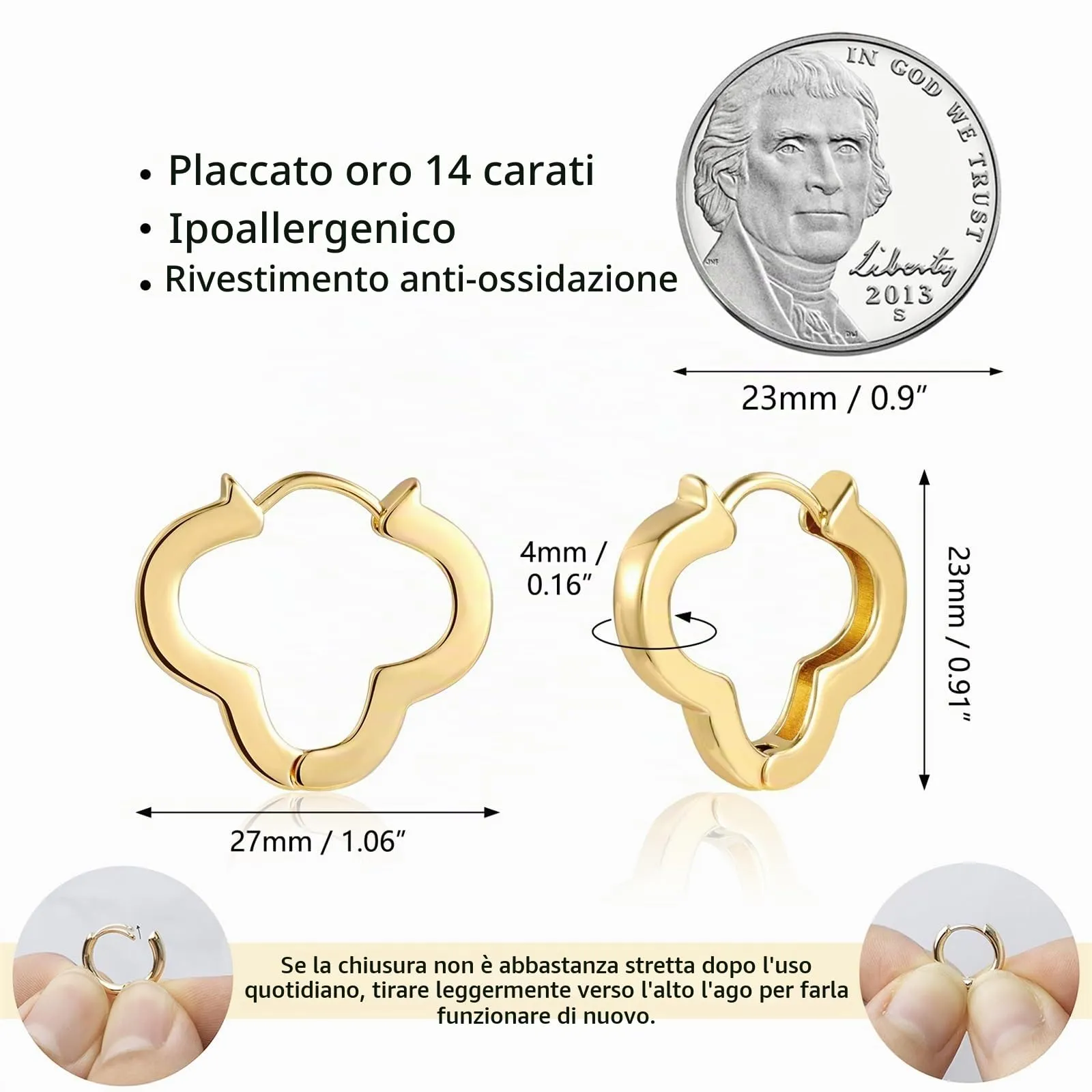 ALEXCRAFT Orecchini a Quadrifoglio Dorati Placcati 14k Oro SCEU226G - immagine 6