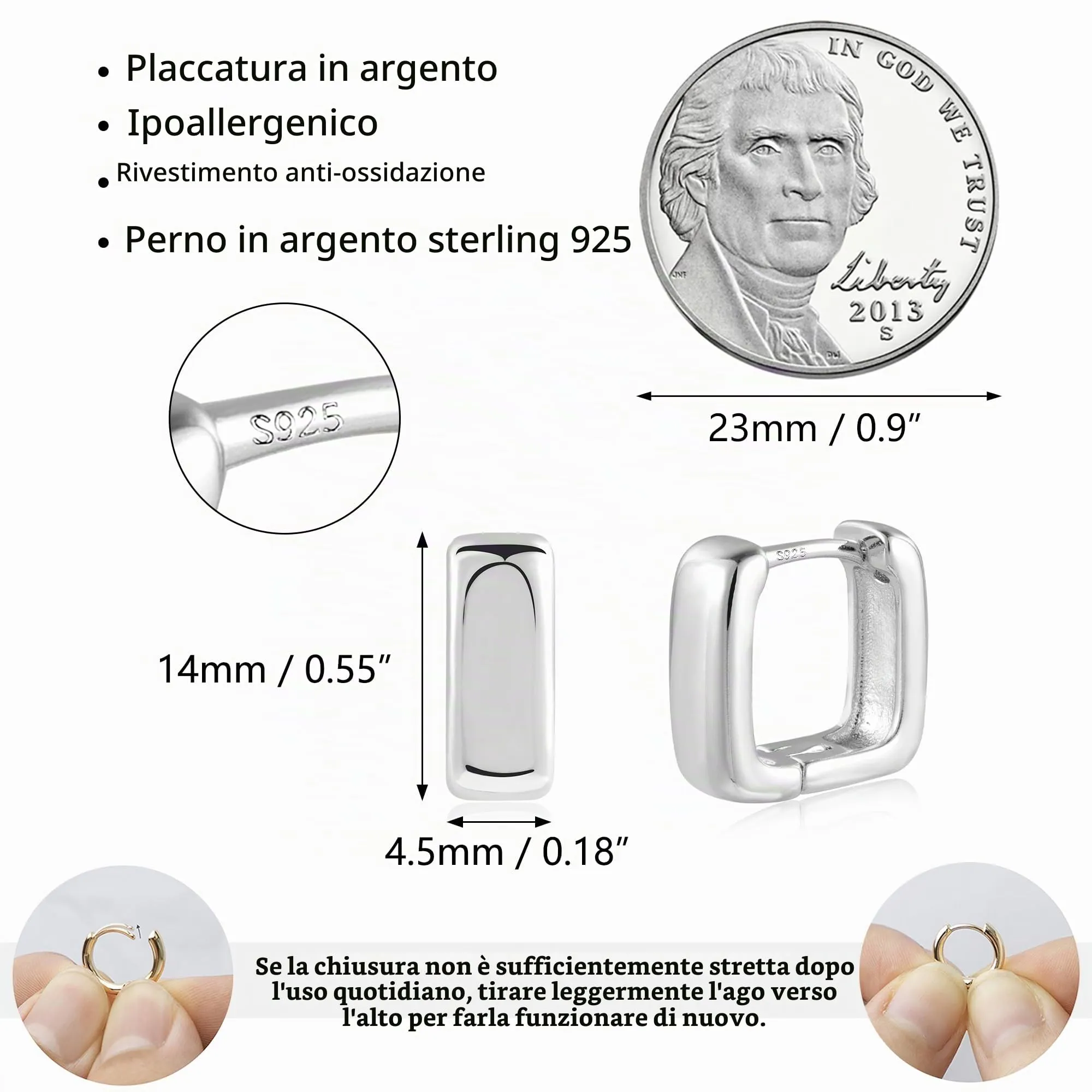 ALEXCRAFT Orecchini a Cerchio Quadrati Huggie Argentati 11mm - immagine 7